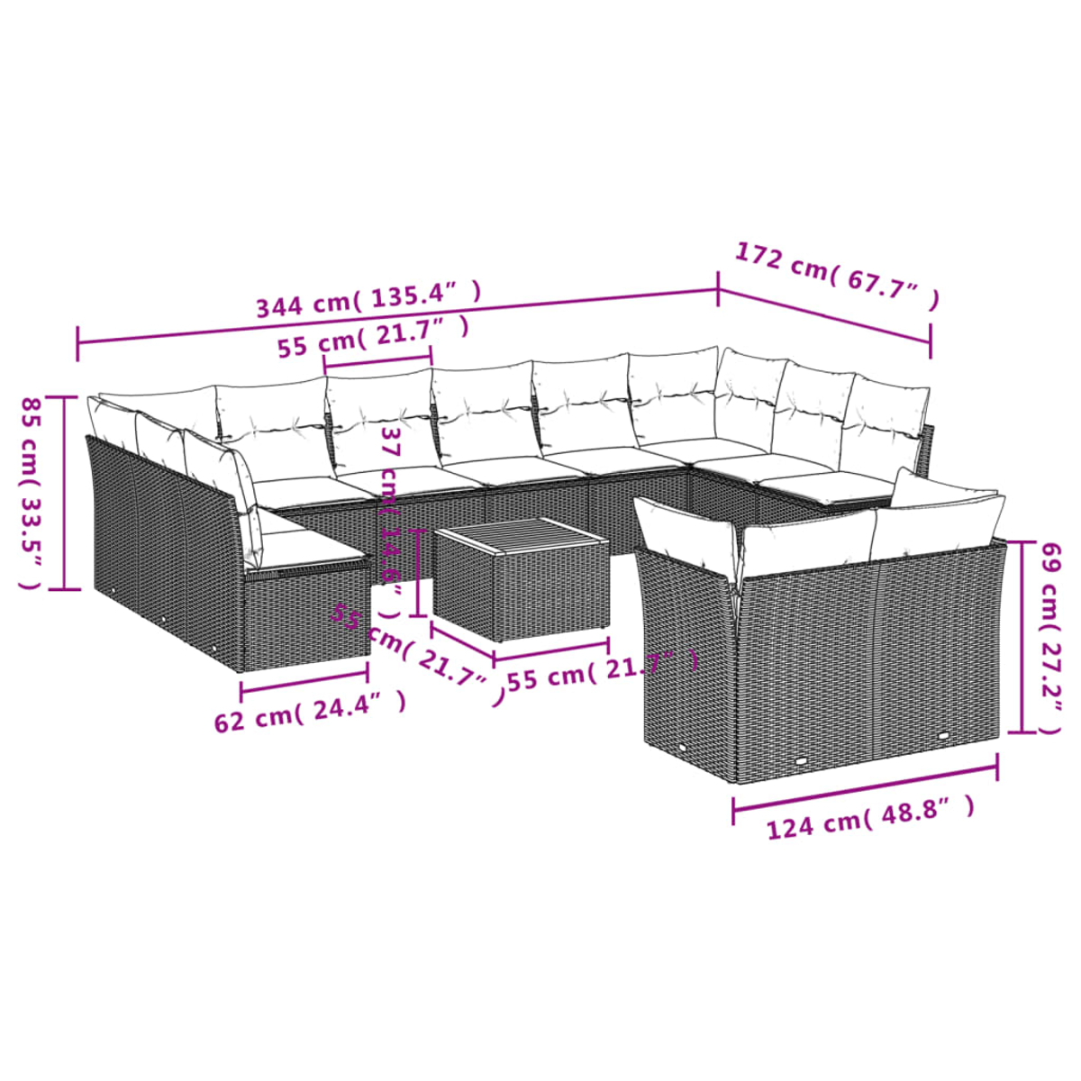 Outdoor-Ecksofa-Set mit Maßen. Hauptsofa 344cm und ein zusätzlicher Abschnitt 124cm.