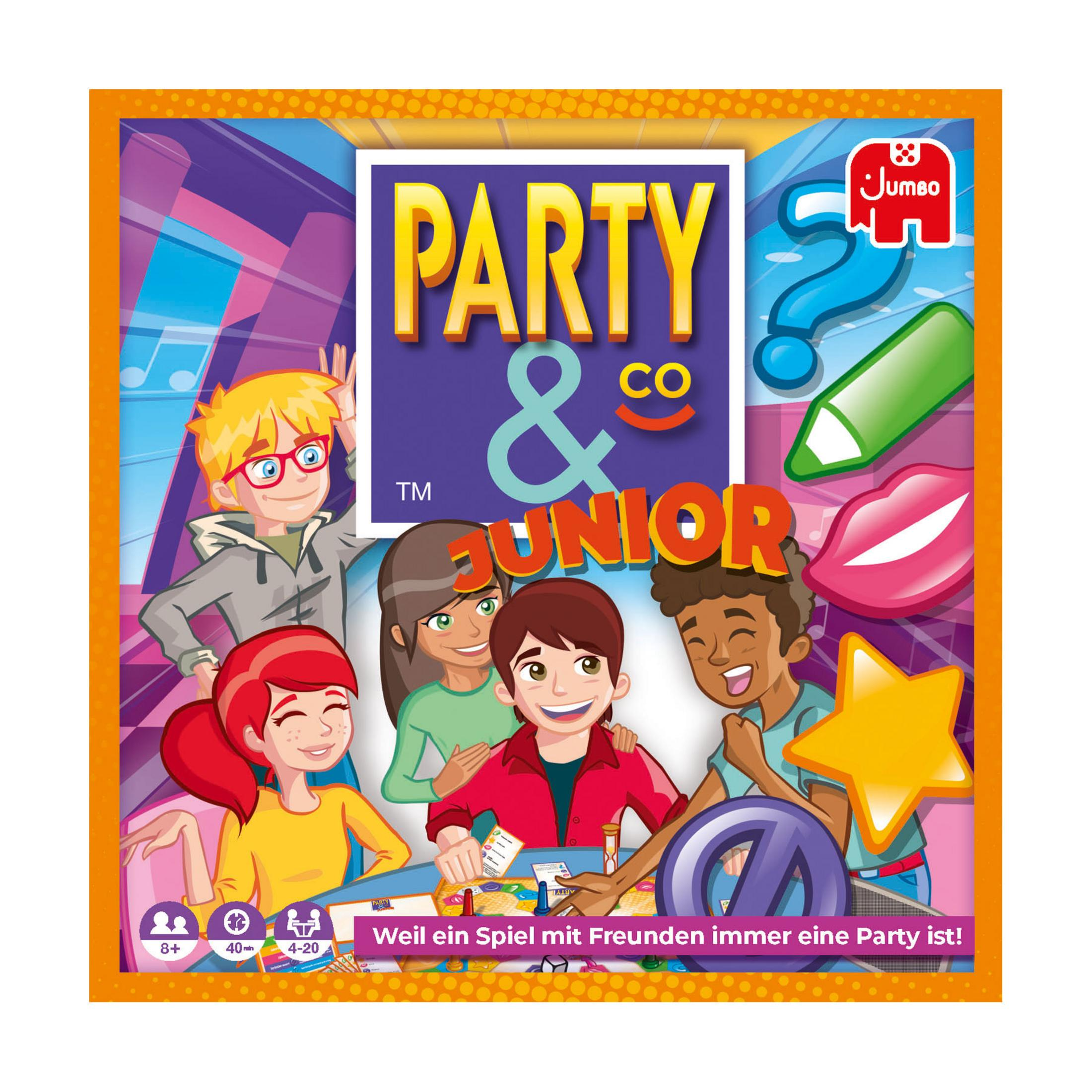 Schachtel eines Brettspiels mit dem Titel 'Party & Co Junior'. Enthält Cartoon-Kinder und Spielelemente.