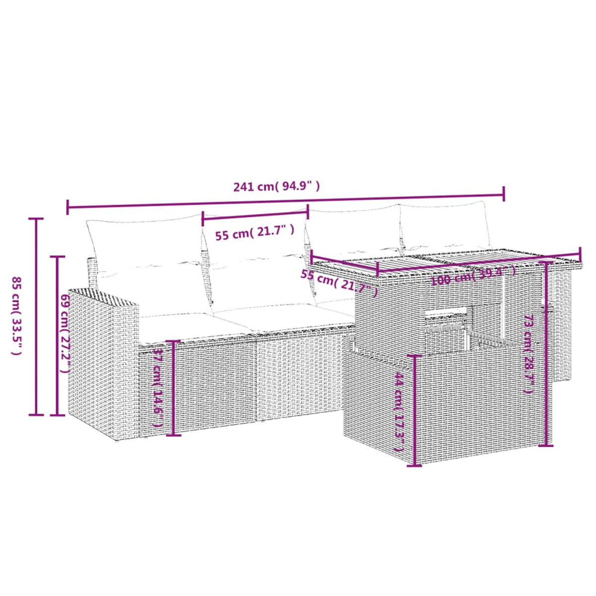 Divano in vimini da esterno e tavolo con braciere con dimensioni. Sfondo bianco.