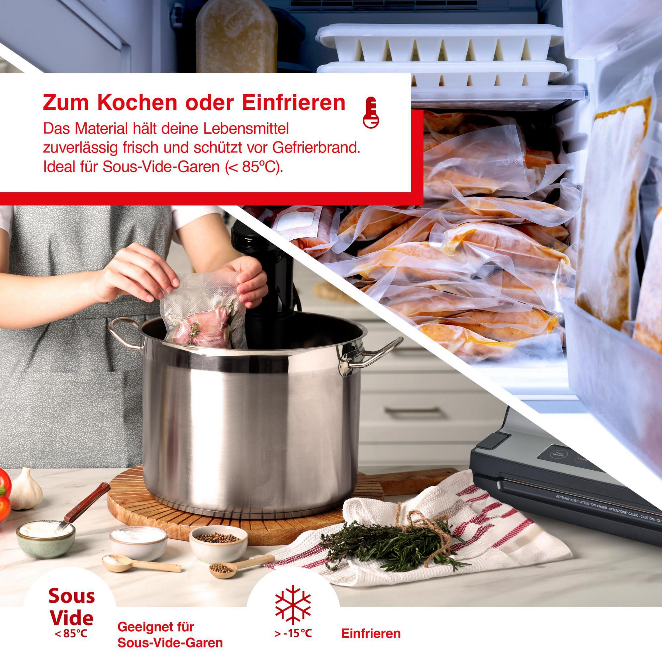 L'immagine mostra le istruzioni di cottura e congelamento con una configurazione sous vide.