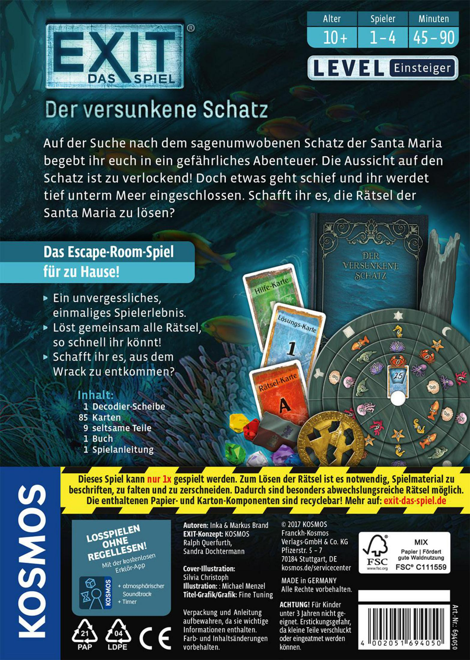 Brettspielbox mit Grafiken. Das Spiel beinhaltet einen versunkenen Schatz und nautische Elemente.