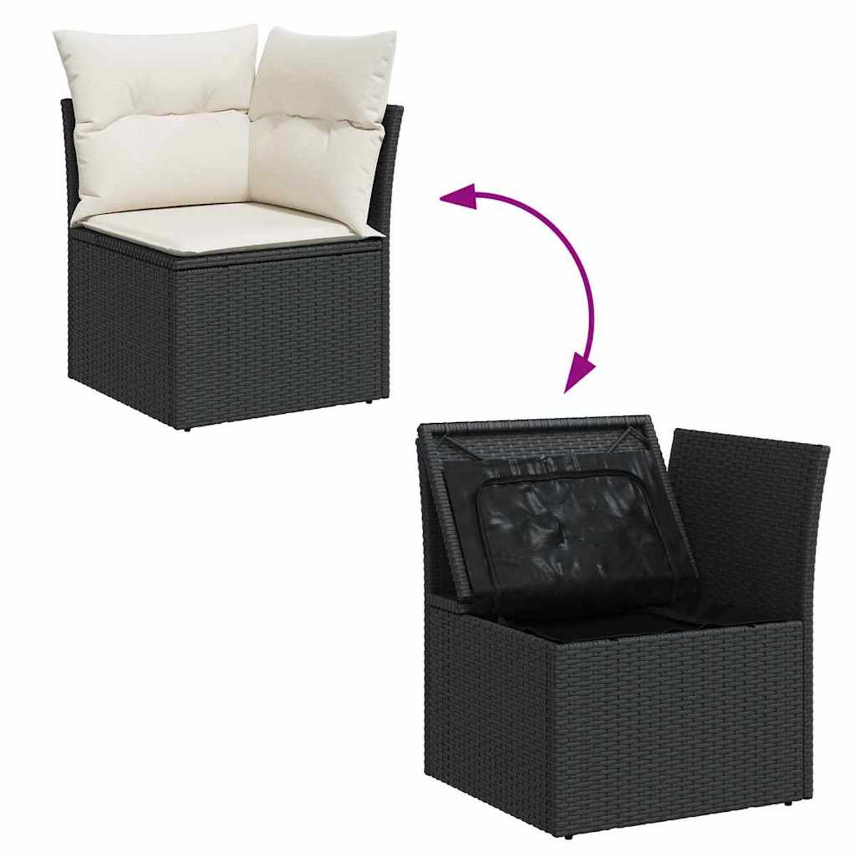 Unità di stoccaggio per esterni in rattan nero con cuscini, aperta per mostrare l'interno.