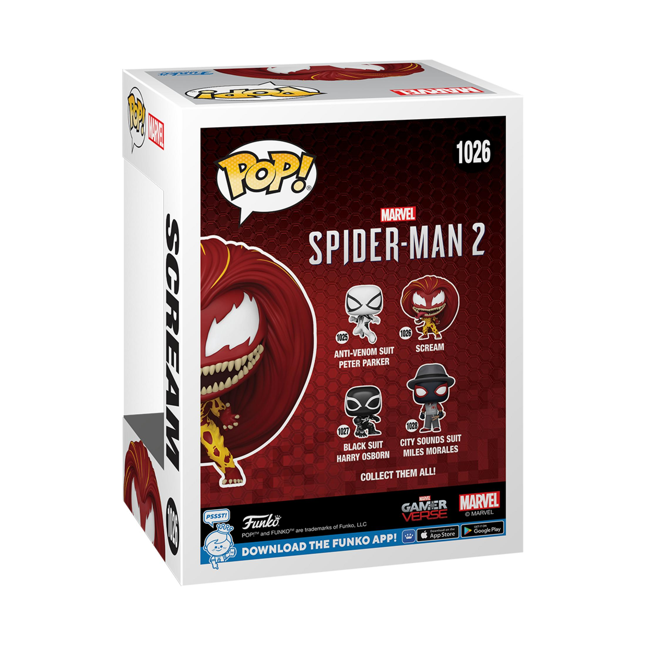 Caja Funko Pop! de Spider-Man 2. Presenta personajes, detalles del producto e información de la colección. Fondo blanco.