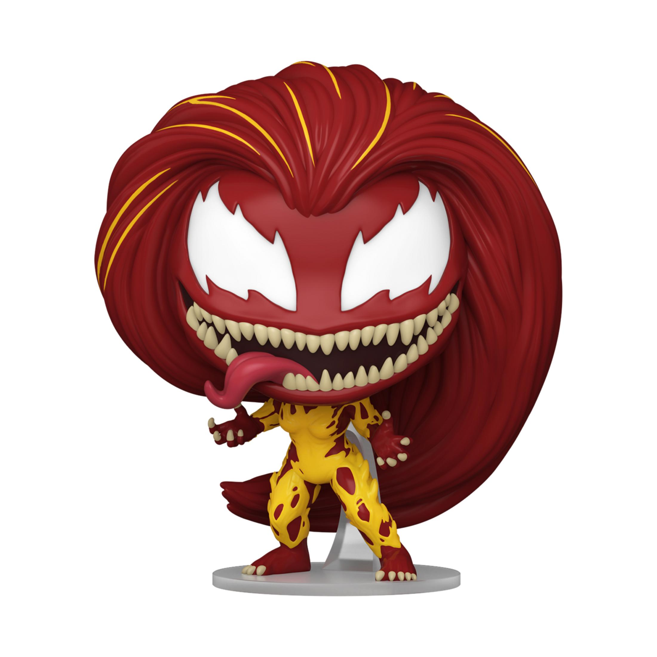 Figura Funko Pop de Venom rojo y amarillo, con cabeza grande y lengua.