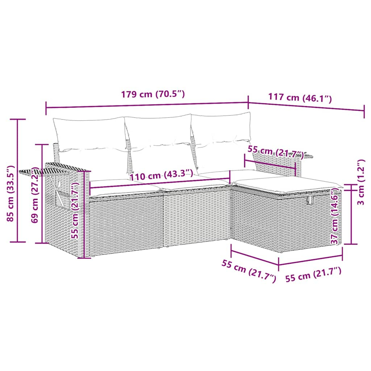 Ein Diagramm eines Rattansofas mit Abmessungen in cm und Zoll.