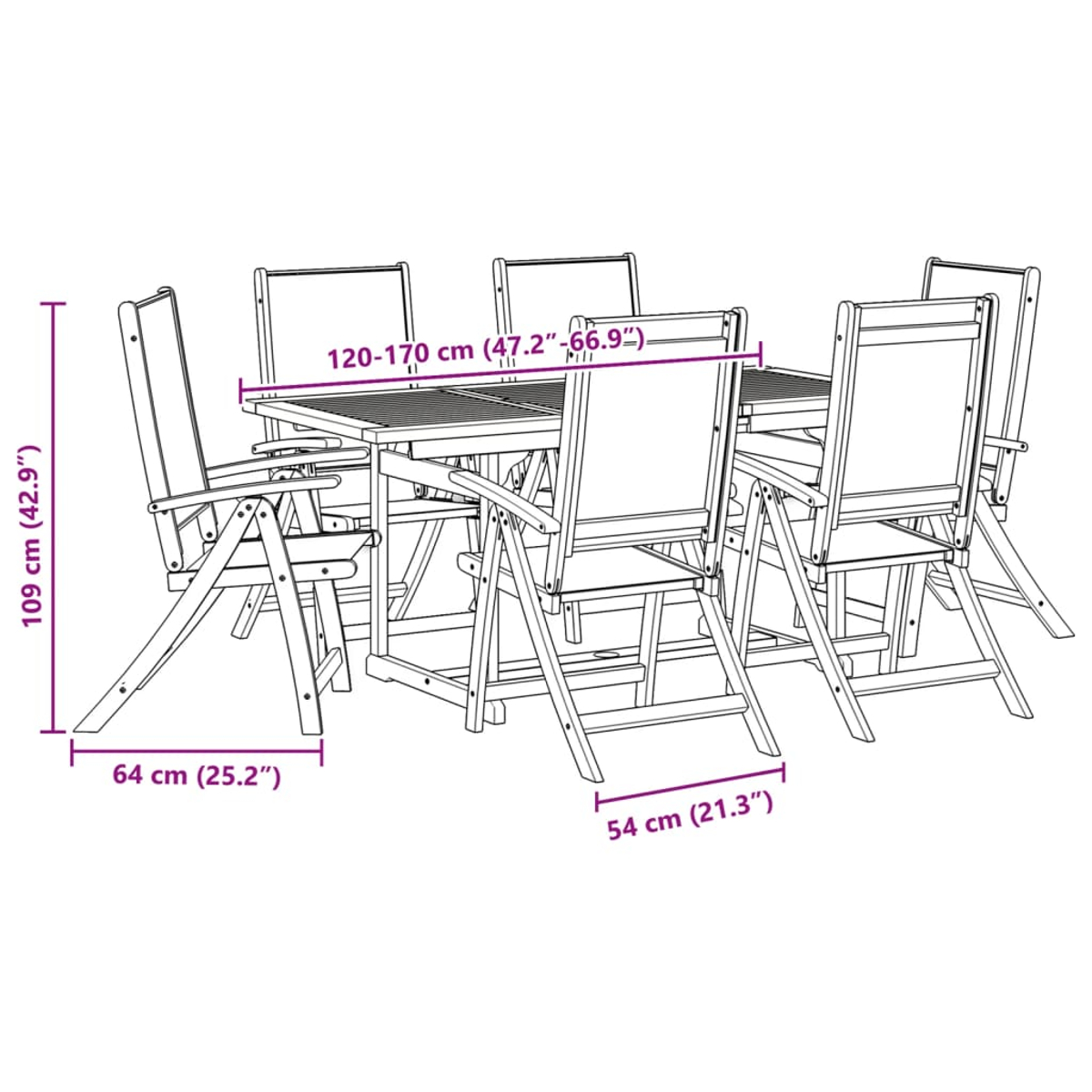 Juego de comedor al aire libre con mesa y seis sillas, dimensiones mostradas.
