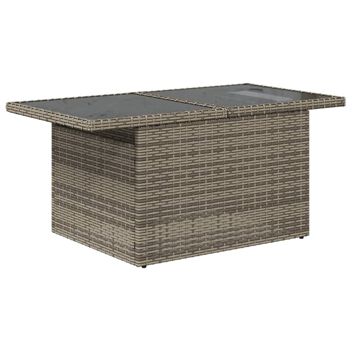 Geflochtener Couchtisch mit Glasplatte. Der Tisch ist rechteckig und hat eine natürliche Farbe.
