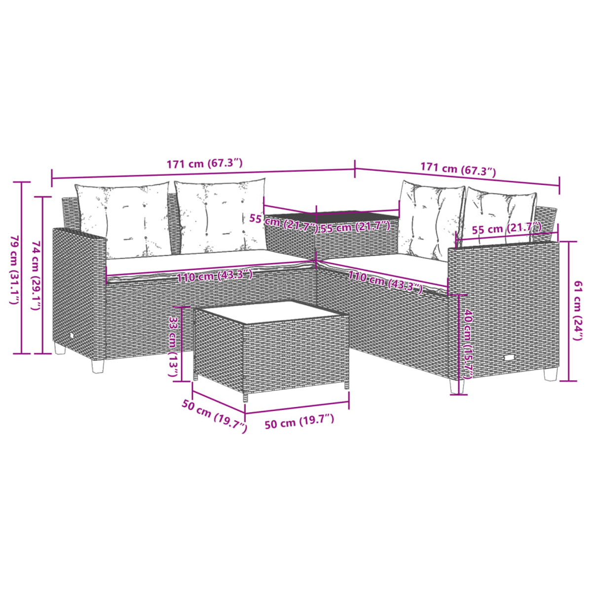 Set divano angolare da esterno in rattan con dimensioni etichettate.