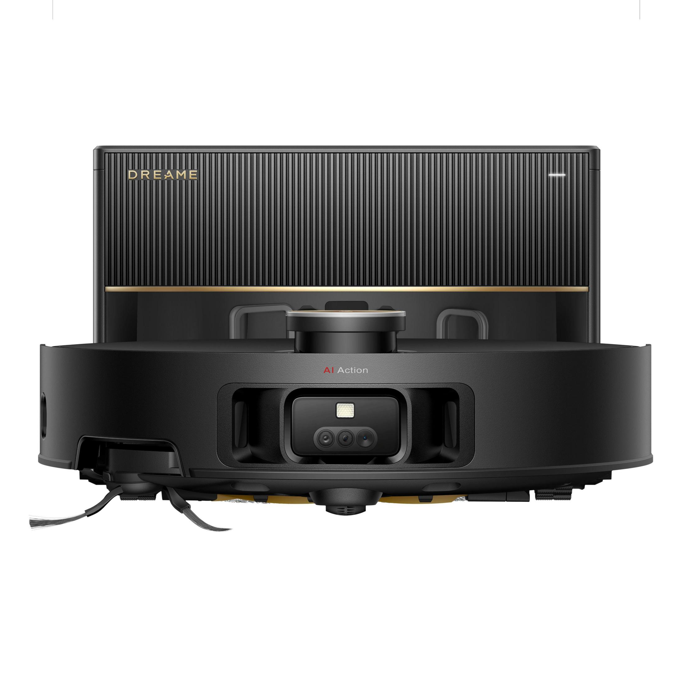 Czarny robot odkurzający z kamerą, czujnikami i szczotkami, przeznaczony do czyszczenia.