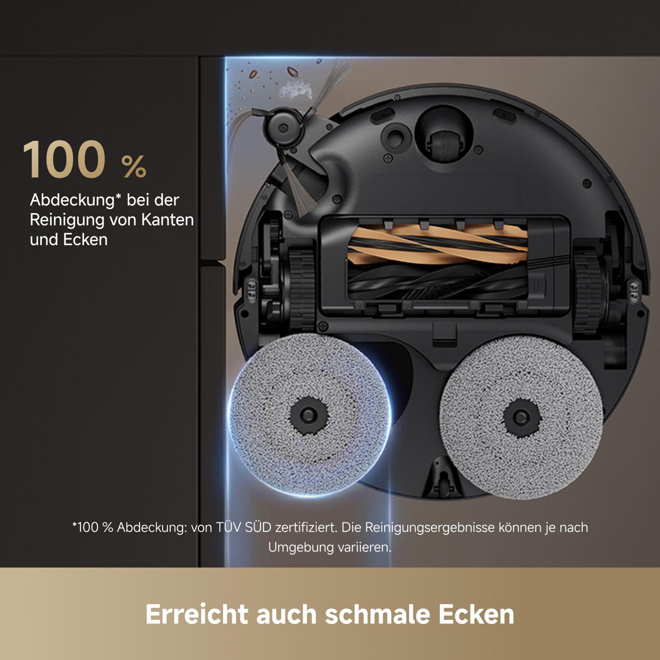 Robot odkurzający, widok z góry, z szarymi nakładkami, brązową szczotką i tekstem o czyszczeniu krawędzi i narożników.