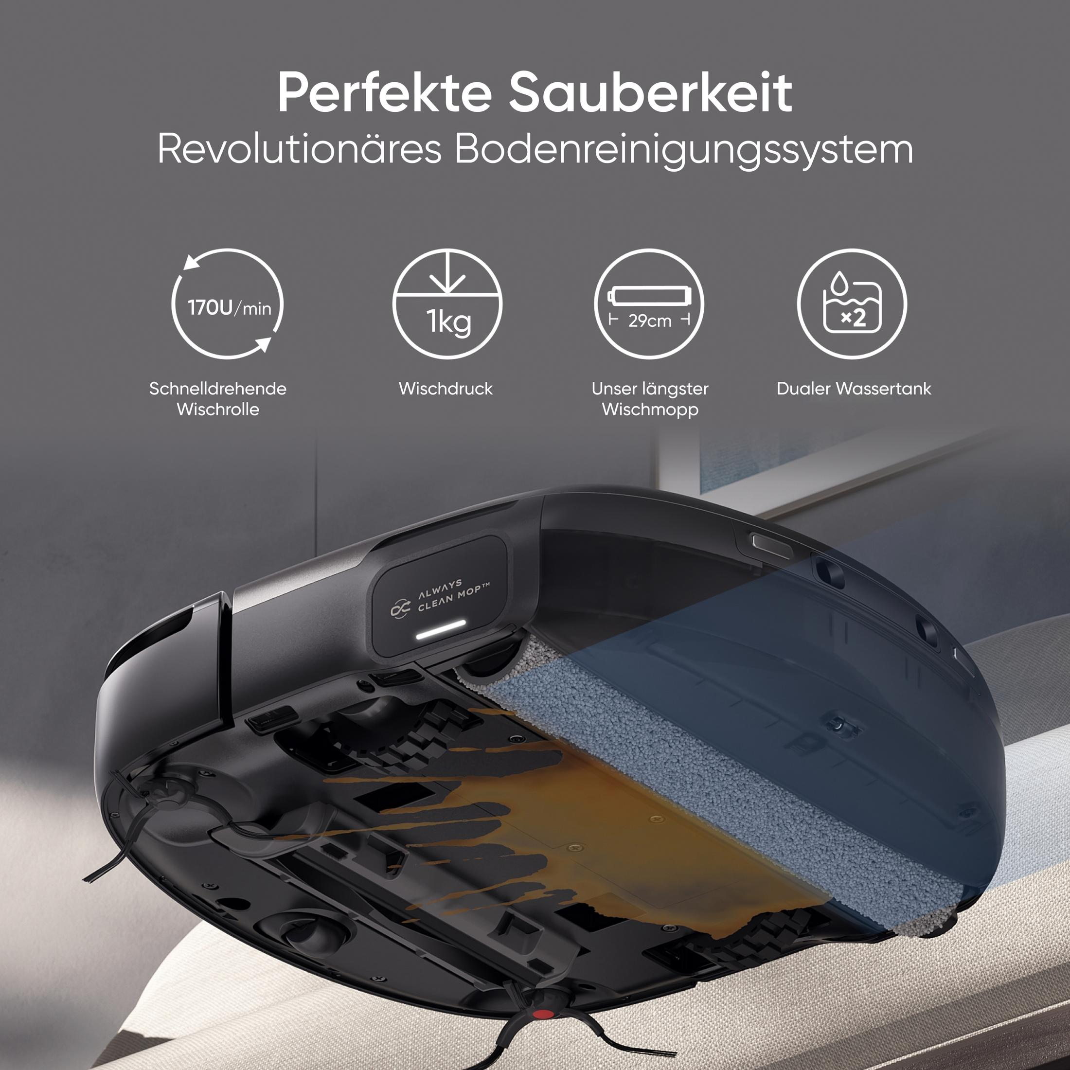 Robot odkurzający z tekstem i ikonami. Pokazuje funkcje takie jak szybkie czyszczenie, zbiornik na wodę i mopowanie.