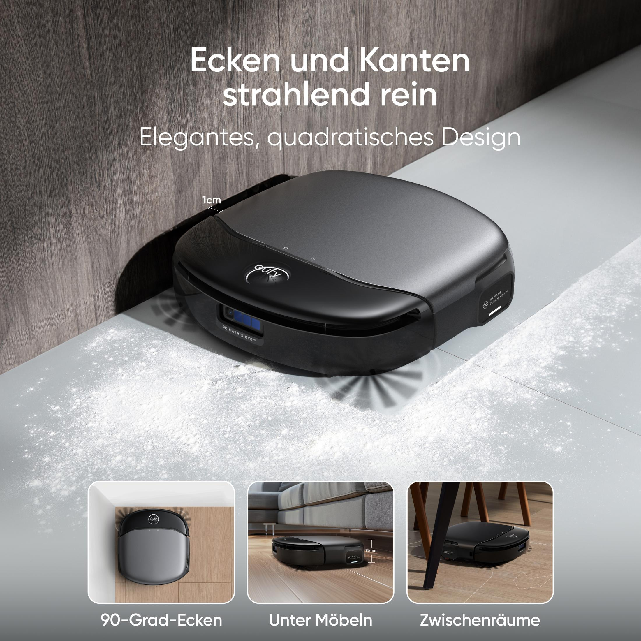 Odkurzacz robot. Trzy mniejsze obrazy pokazujące czyszczenie narożników, pod meblami i szczelin.