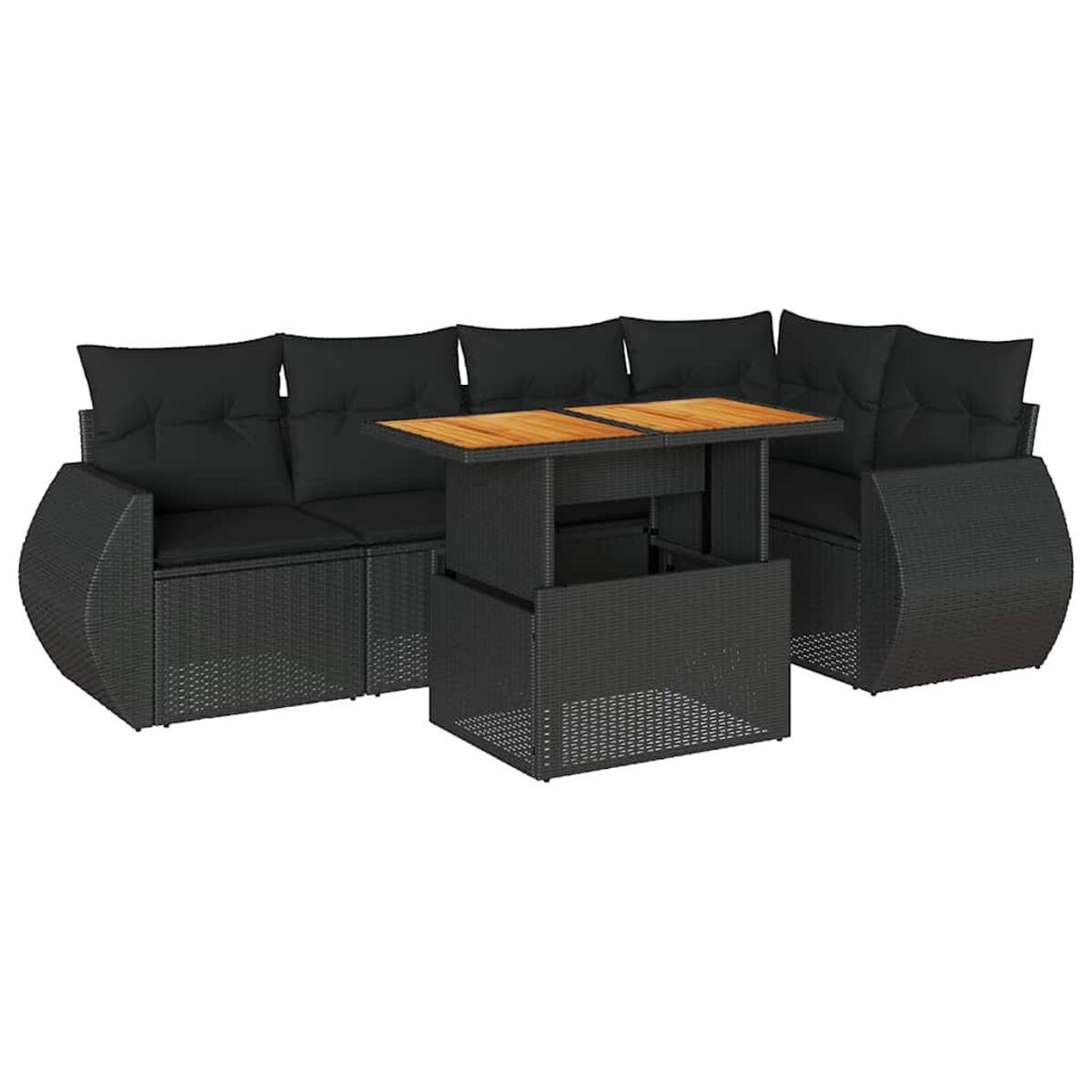 Set di mobili da esterno in rattan nero con tavolo e cuscini.