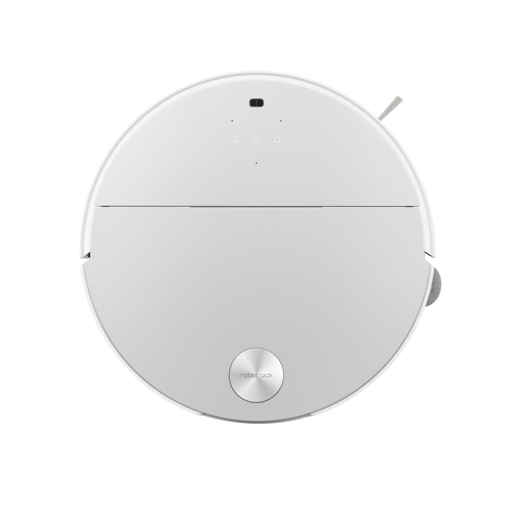 Biały robot sprzątający o okrągłym kształcie, stojący na białej powierzchni.