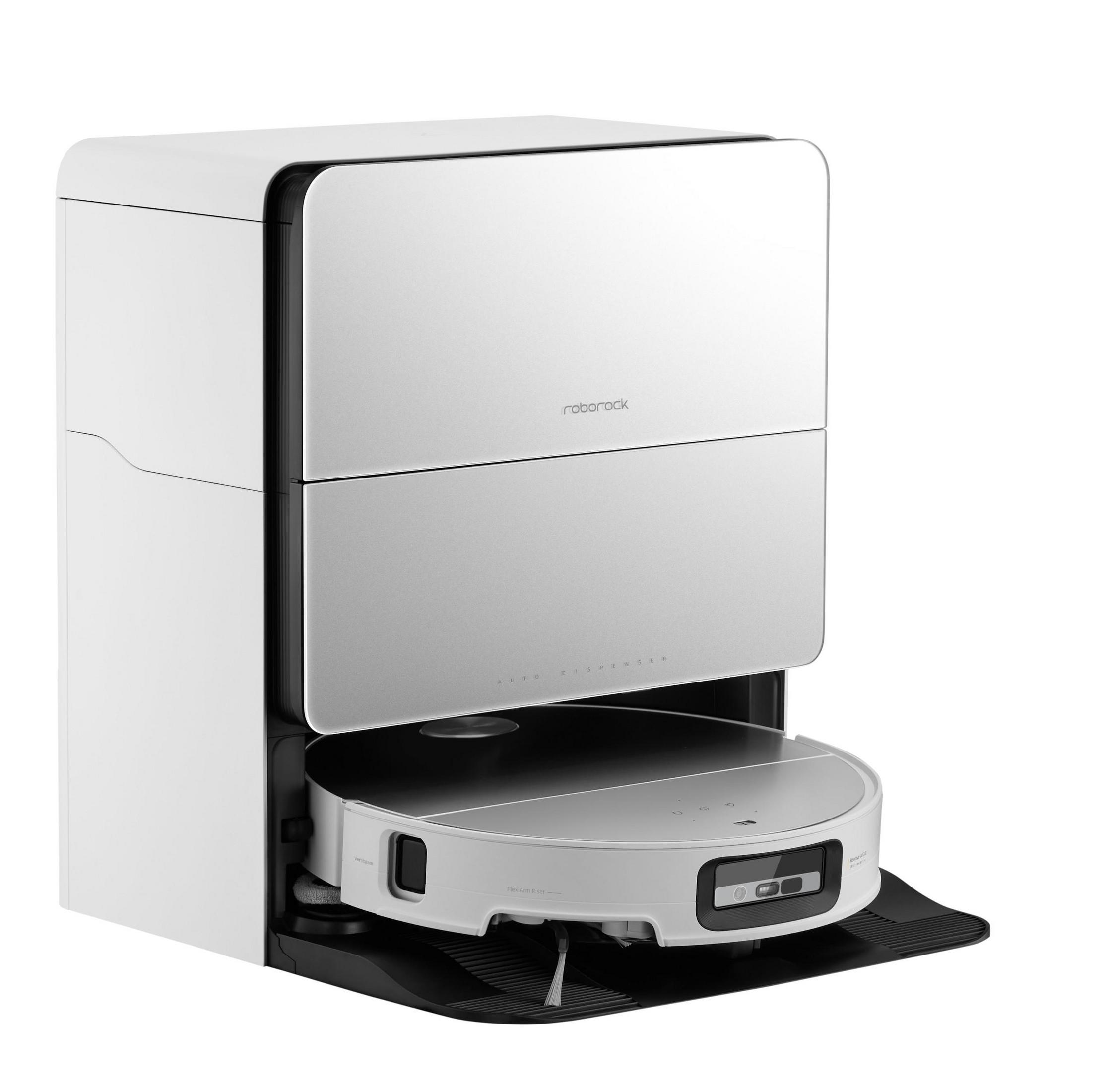 Biało-szary robot odkurzający ze stacją dokującą.