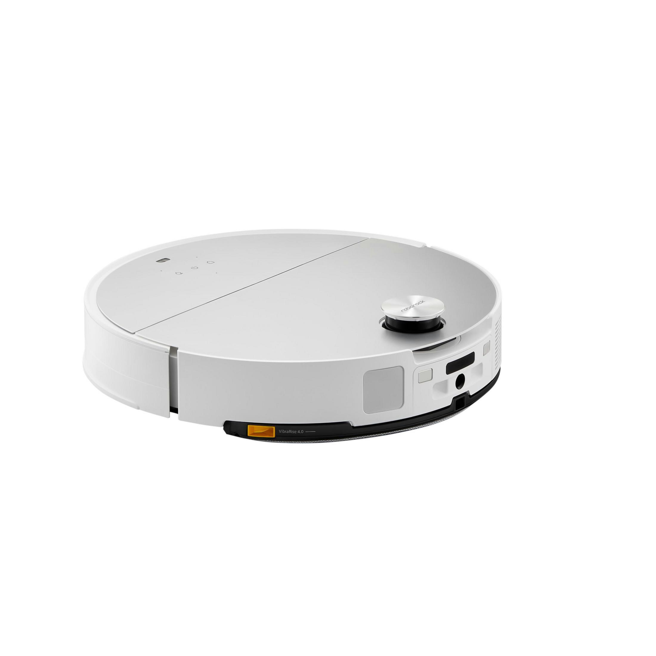 Biały odkurzacz robot. Urządzenie jest okrągłe z górnym przyciskiem i panelem bocznym.