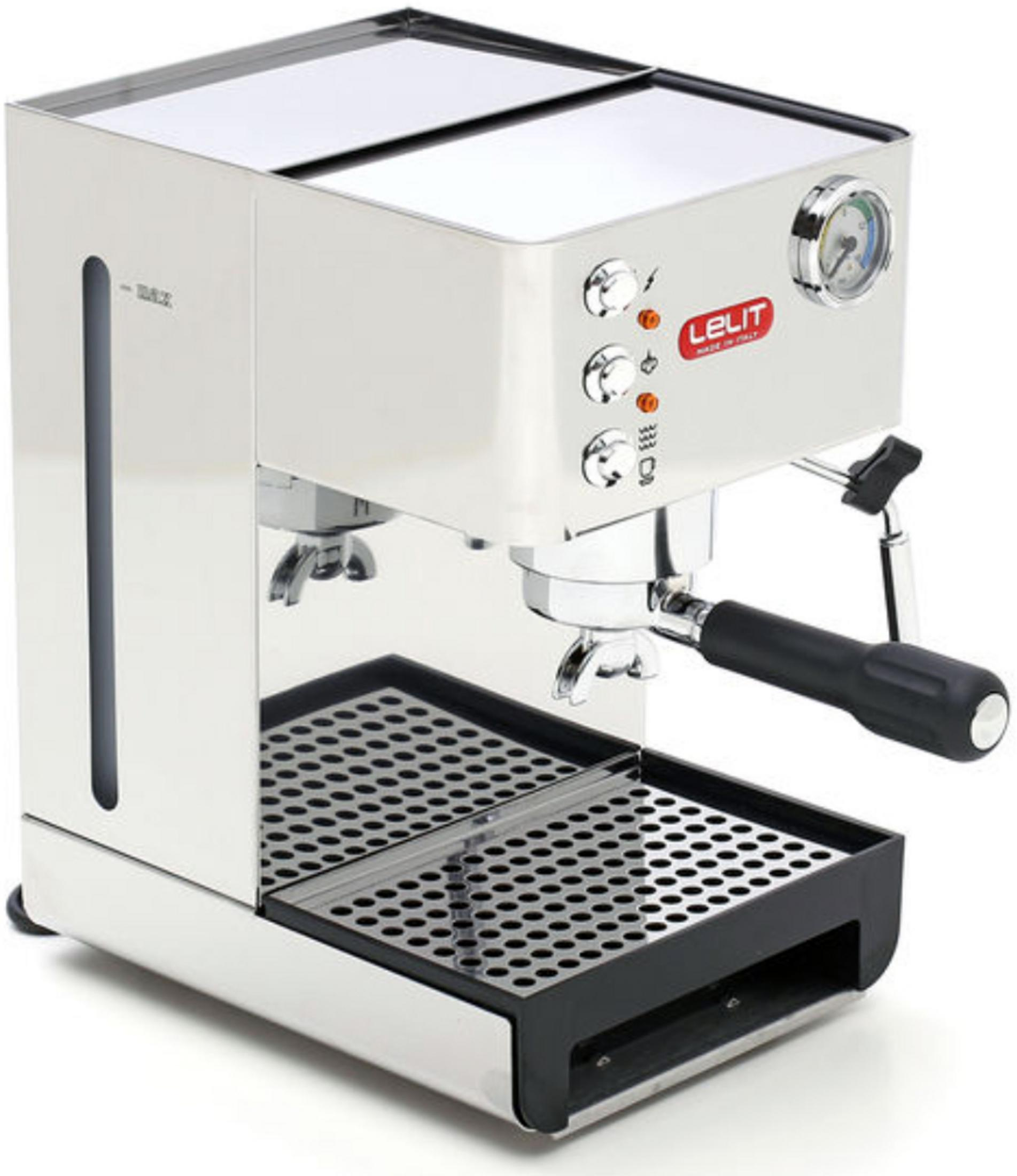Eine Espressomaschine aus Edelstahl mit mehreren Knöpfen, einem Siebträger und einer Tropfschale. Die Marke ist Lelit.