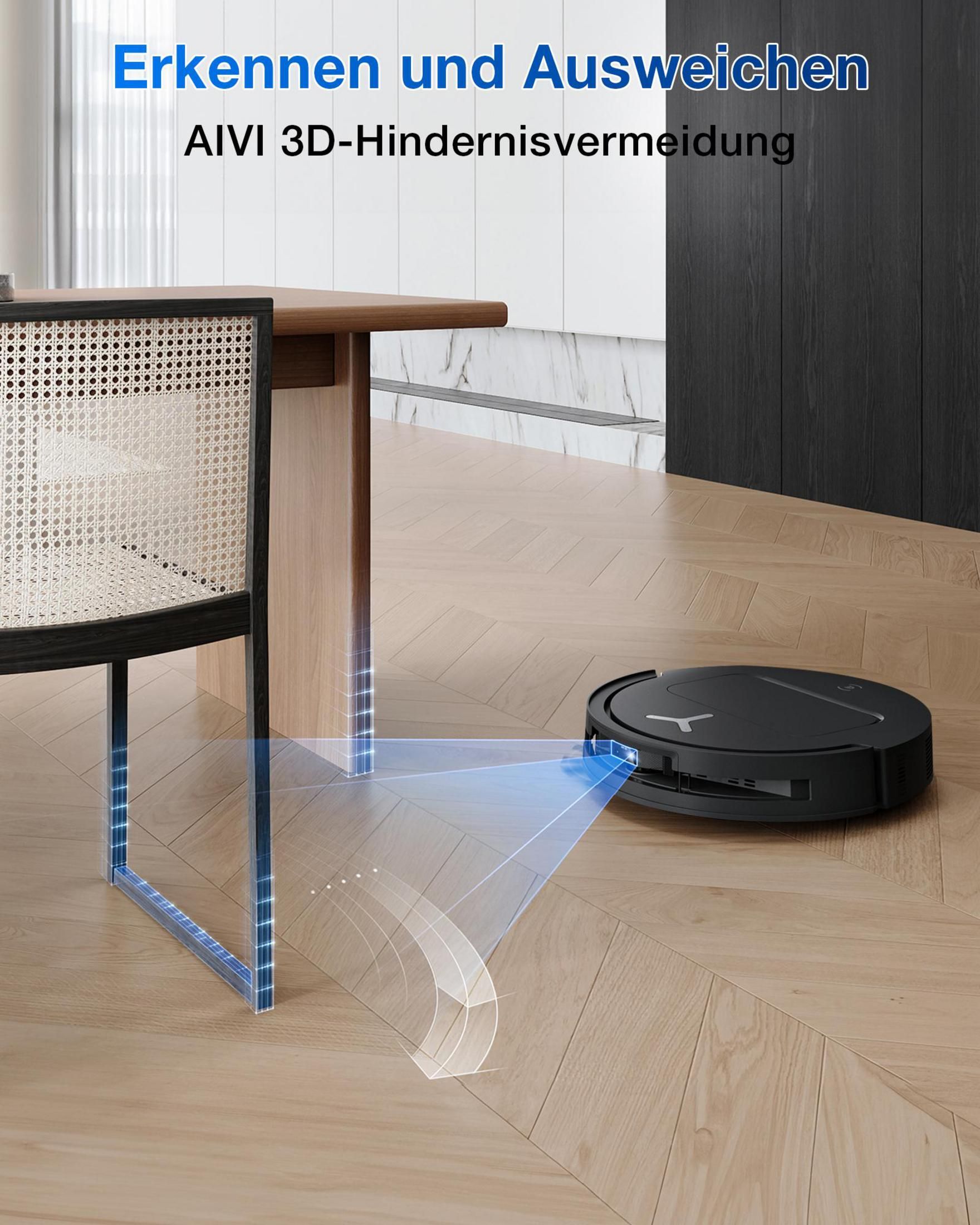 Roboter-Staubsauger, der einem Hindernis ausweicht. Holzfußboden. Blaues Licht zeigt die Erkennung an.