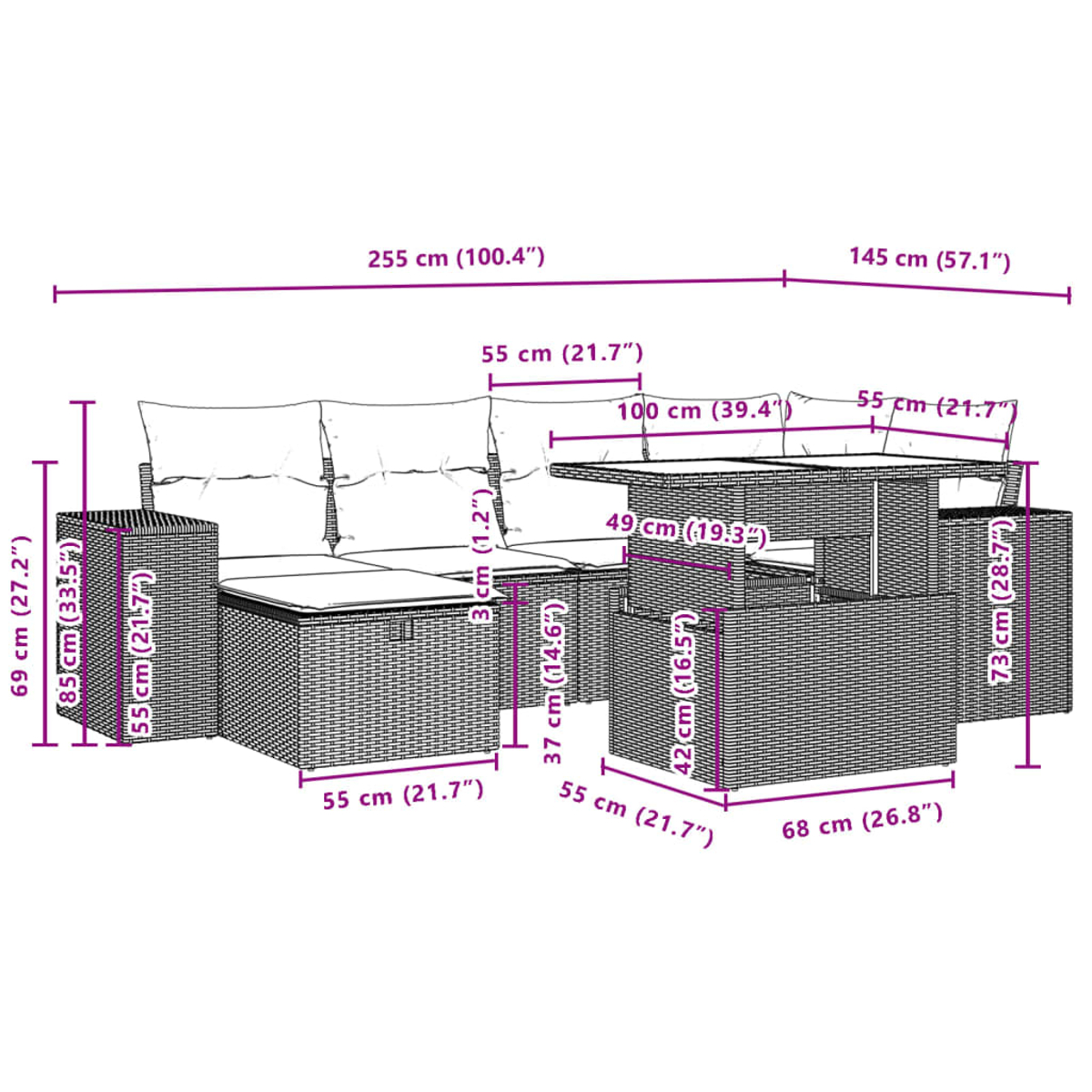 Maße eines Gartenmöbelsets aus Korbgeflecht, Abmessungen gezeigt.