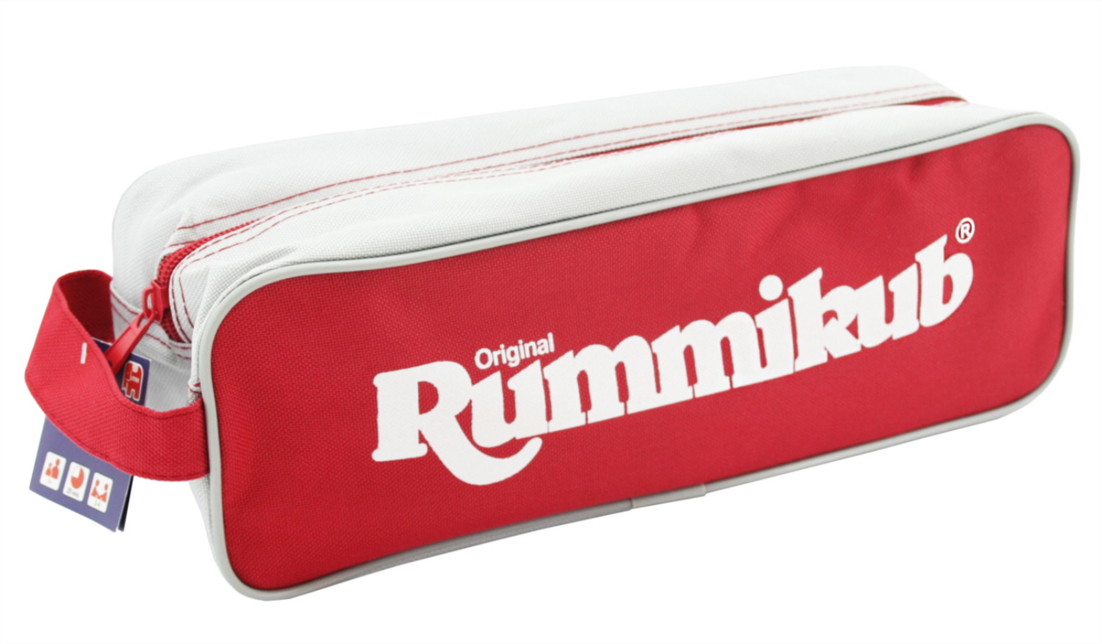 Rote und weiße Rumikkub-Tasche mit Reißverschluss und Griff. Der Text ist weiß.
