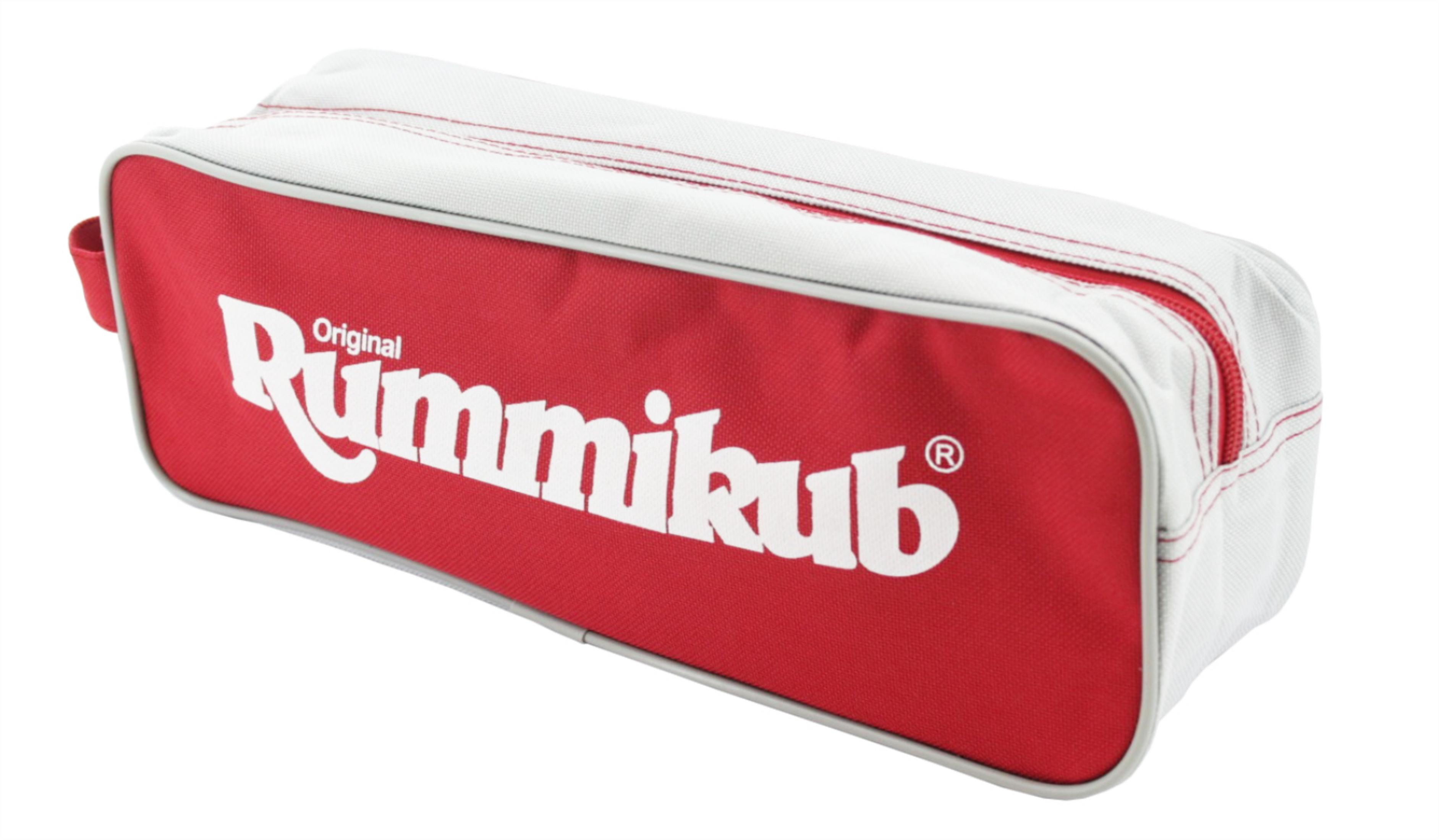 Eine rot-weiße Rummikub-Spieltasche mit dem Logo darauf.