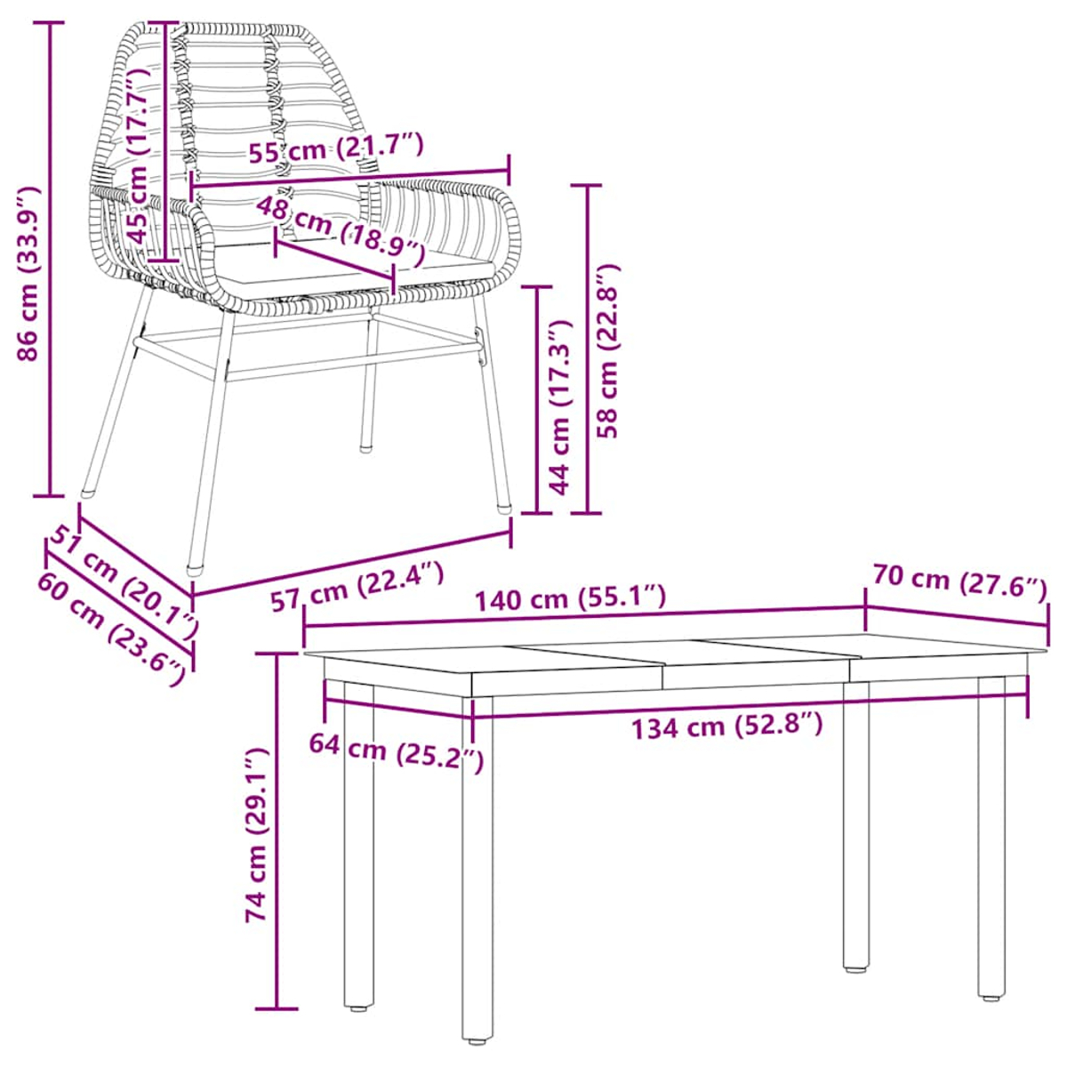 Diagramma di una sedia e di un tavolo con dimensioni espresse in centimetri e pollici.