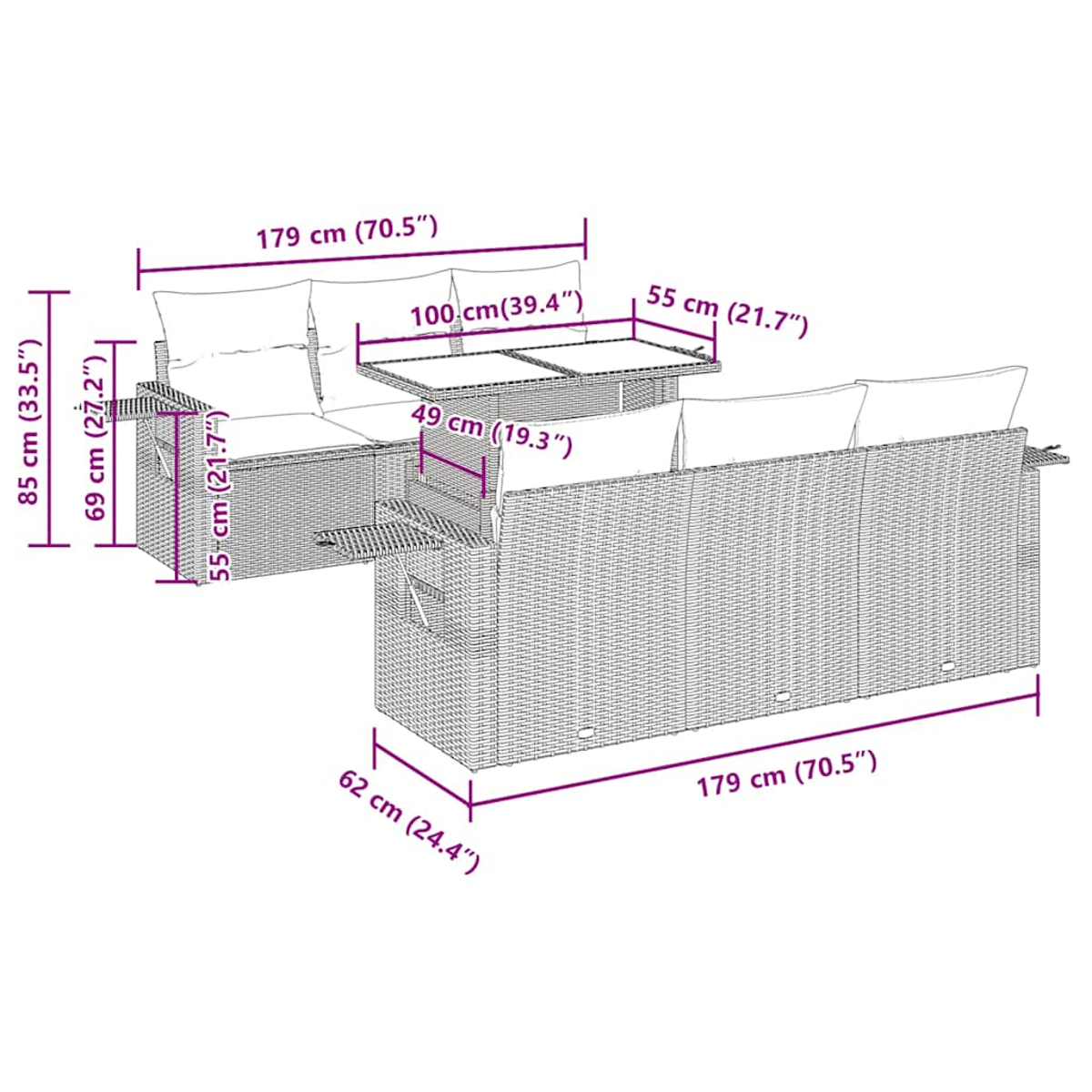 Un ampio set di divani in vimini con dimensioni indicate in centimetri e pollici è mostrato.
