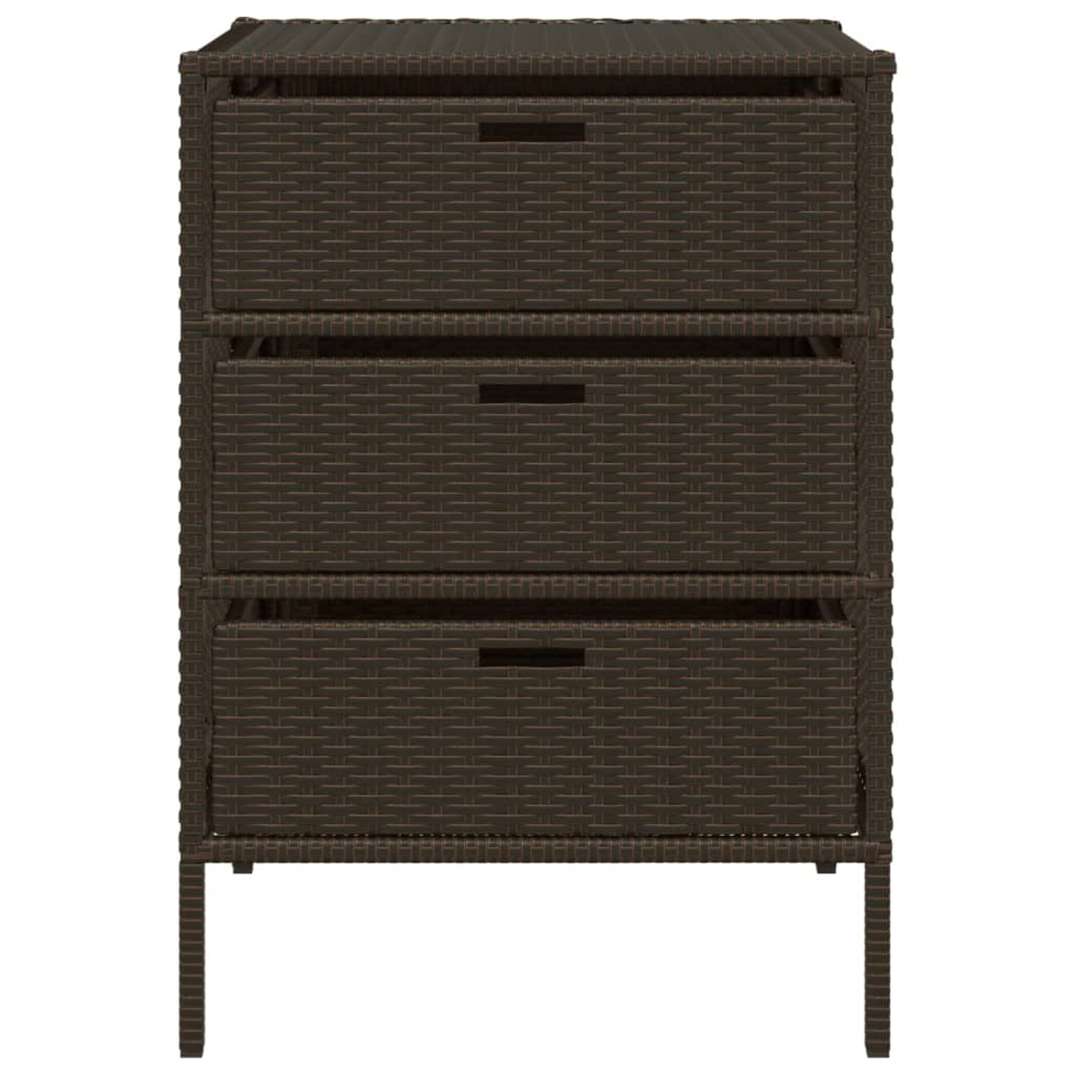 Ein brauner Korbschrank mit drei Schubladen, jede mit einem Griff, von vorne gesehen.