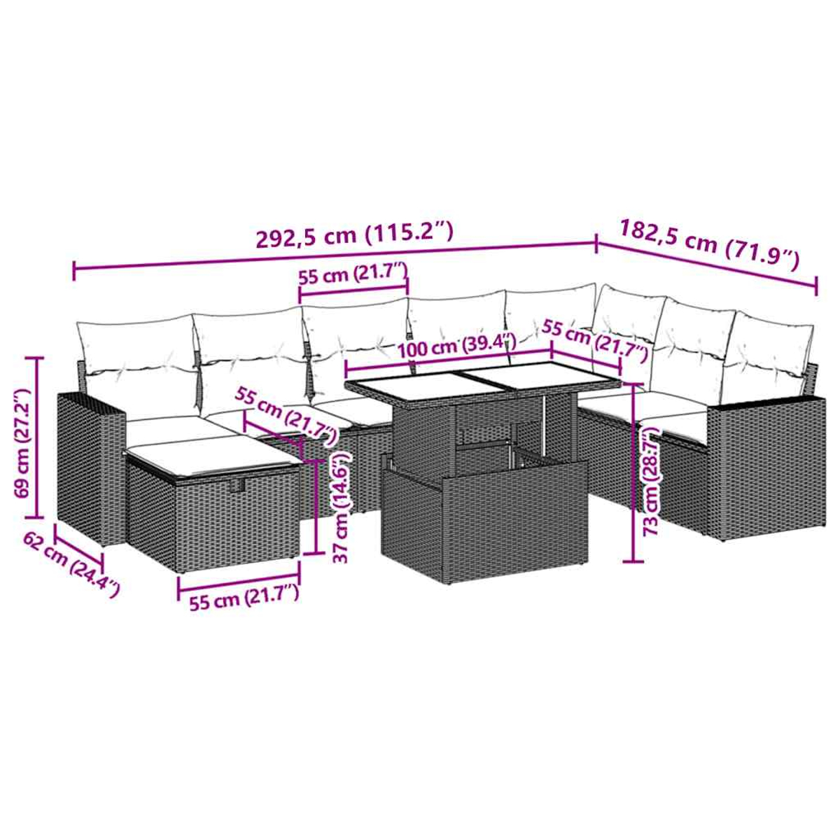Set divano in vimini da esterno con cuscini e tavolo. Le dimensioni sono etichettate.
