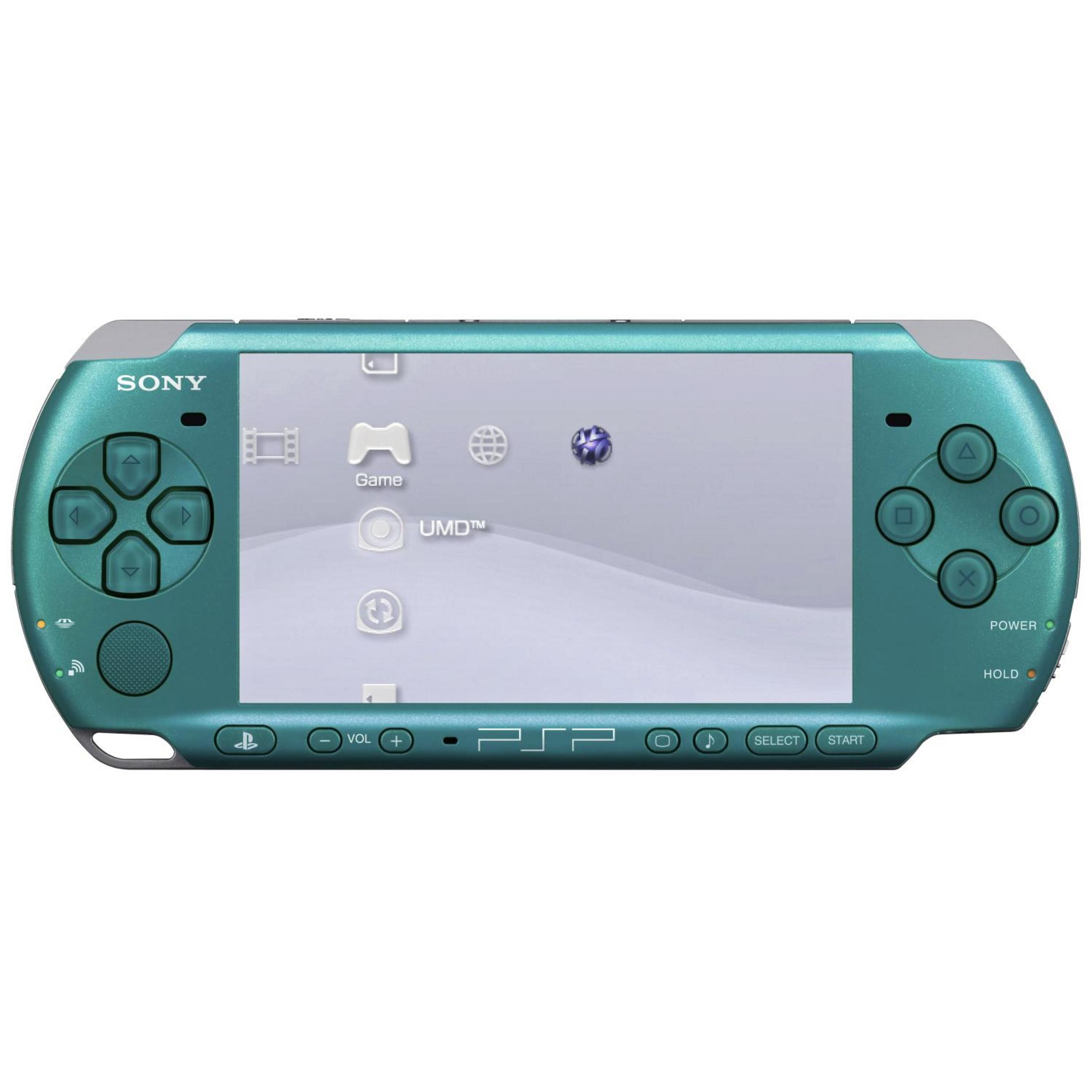 Türkisfarbene Sony PSP Handheld-Konsole, mit Bildschirm, der das Spielmenü zeigt. Tasten sichtbar.