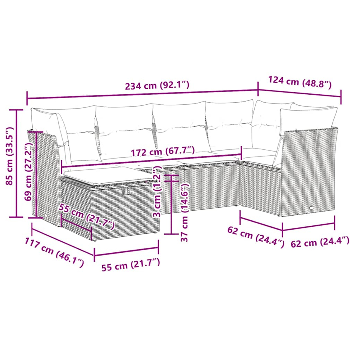 Ein großes Ecksofa für den Außenbereich mit beschrifteten Abmessungen. Das Sofa besteht aus mehreren Teilen.