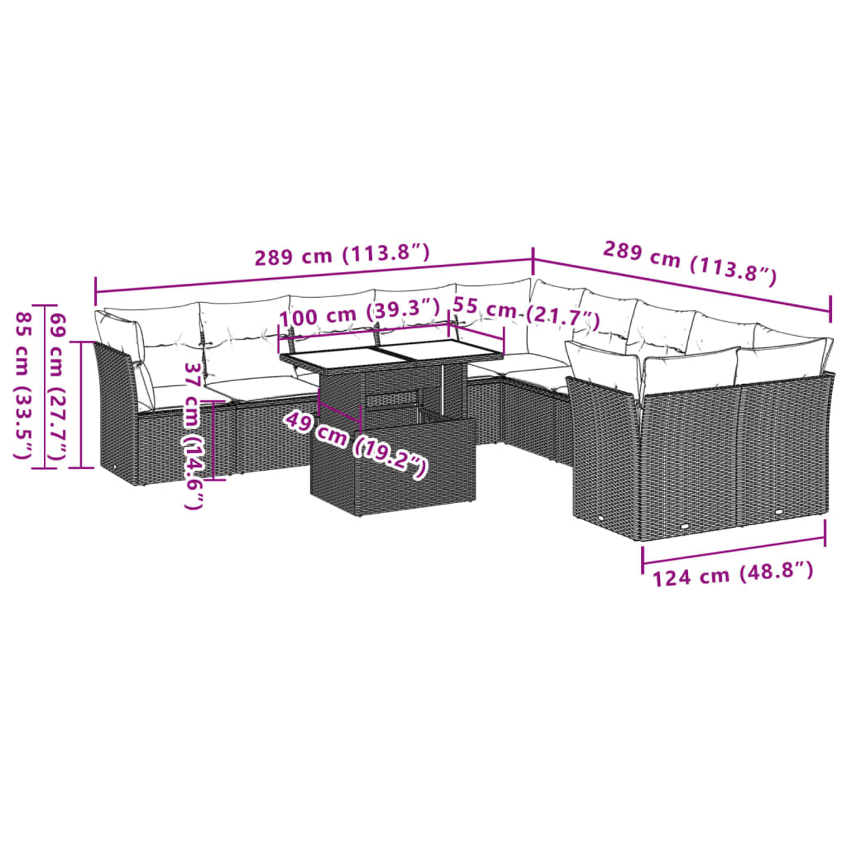 Geflochtenes Outdoor-Sofaset mit Tisch, Maße in cm und Zoll werden angezeigt.