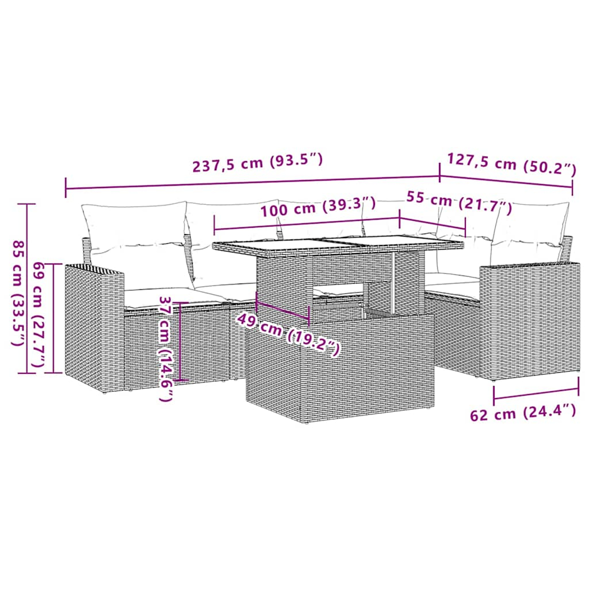 Geflochtenes Outdoor-Sofaset mit Tisch, Maße in cm und Zoll werden angezeigt.