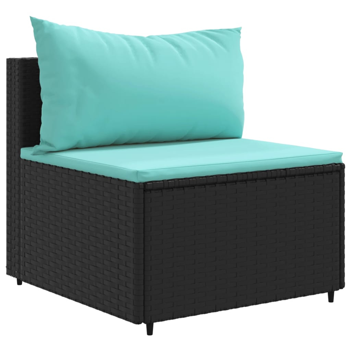 Sedia in vimini nero con cuscino e cuscino turchese. La sedia è su un patio.
