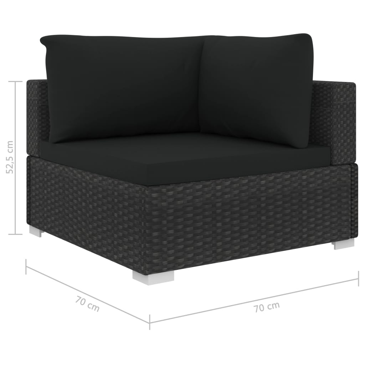 Schwarzes Ecksofa aus Korbgeflecht mit einem schwarzen Kissen. Die Abmessungen sind in cm angegeben.