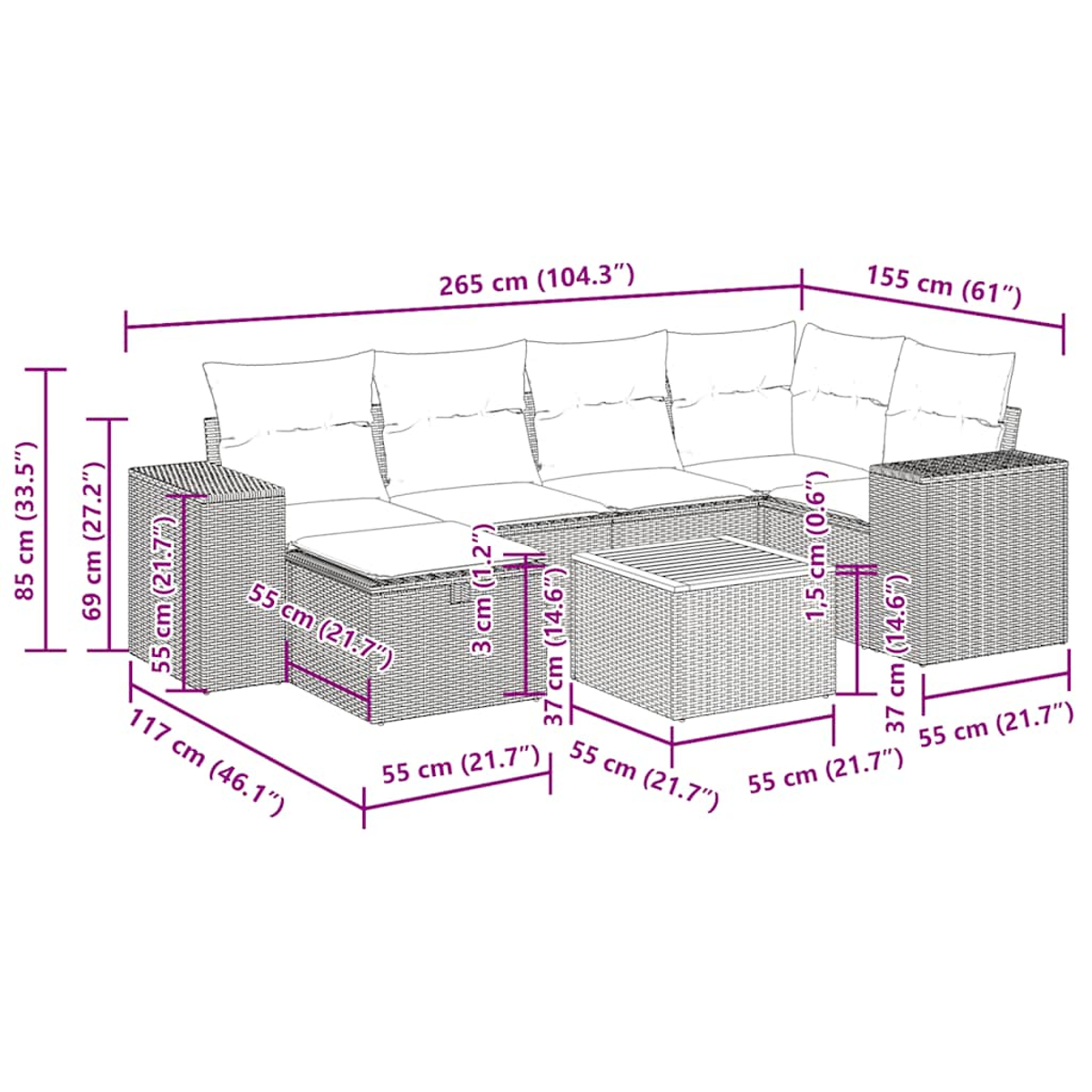 L-förmiges Outdoor-Ecksofa. Abmessungen sind mit Maßen in cm und Zoll angegeben.