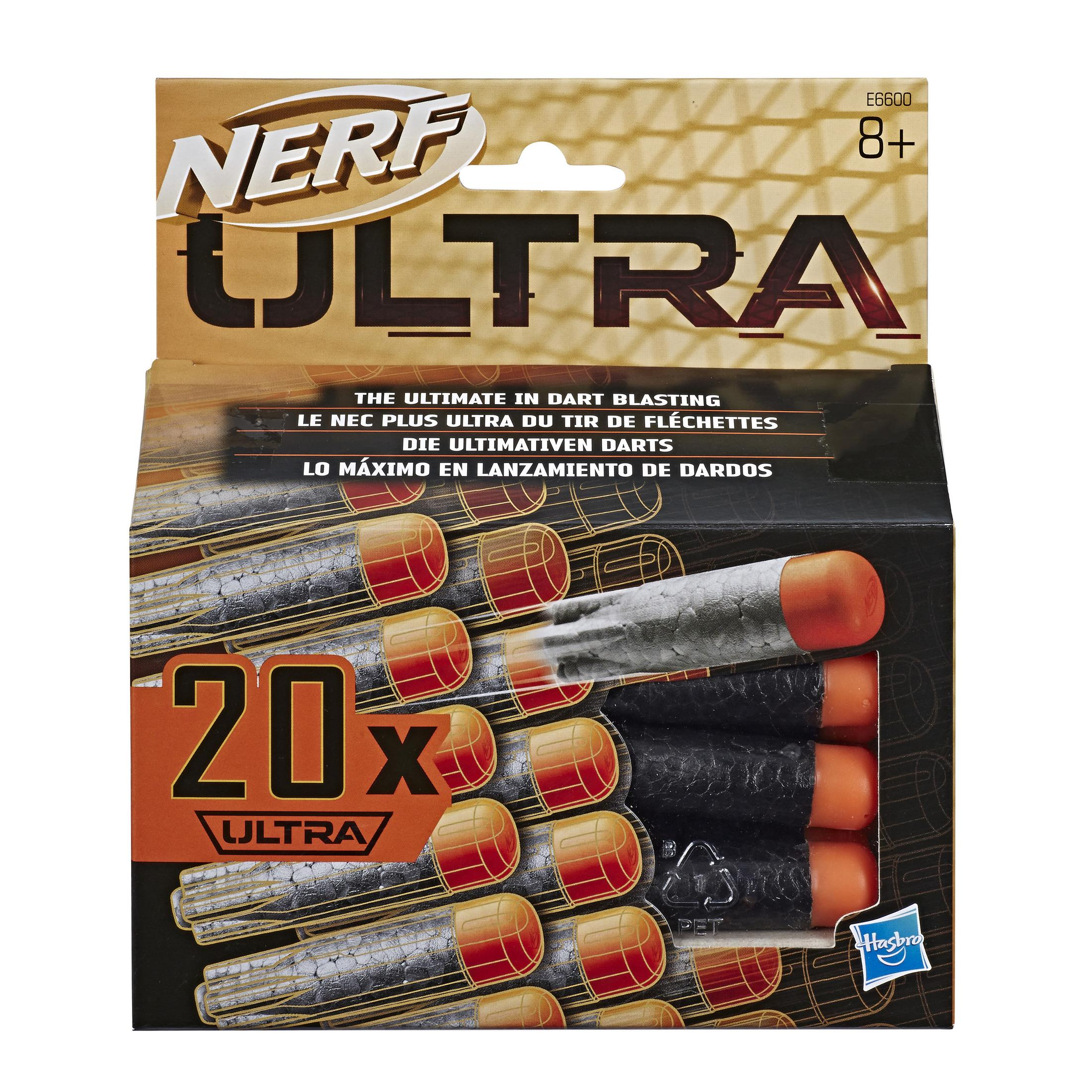 Una caja de dardos Nerf Ultra. La caja es naranja y negra con el logotipo de la marca e imágenes de dardos.