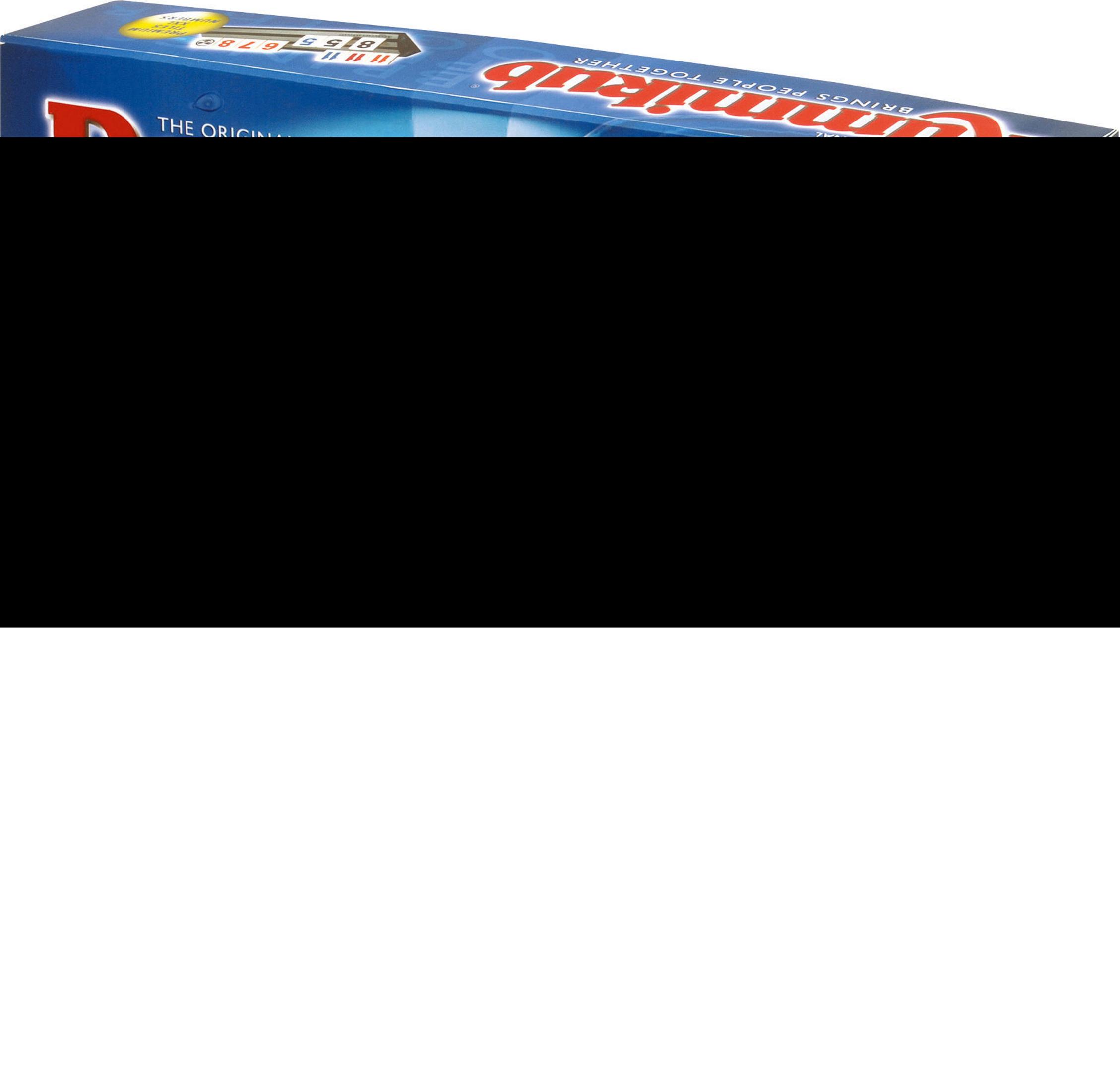 Eine Schachtel für ein Rummikub-Spiel. Die Schachtel ist blau mit Spielsteinen und dem Spielnamen in großen roten Buchstaben.