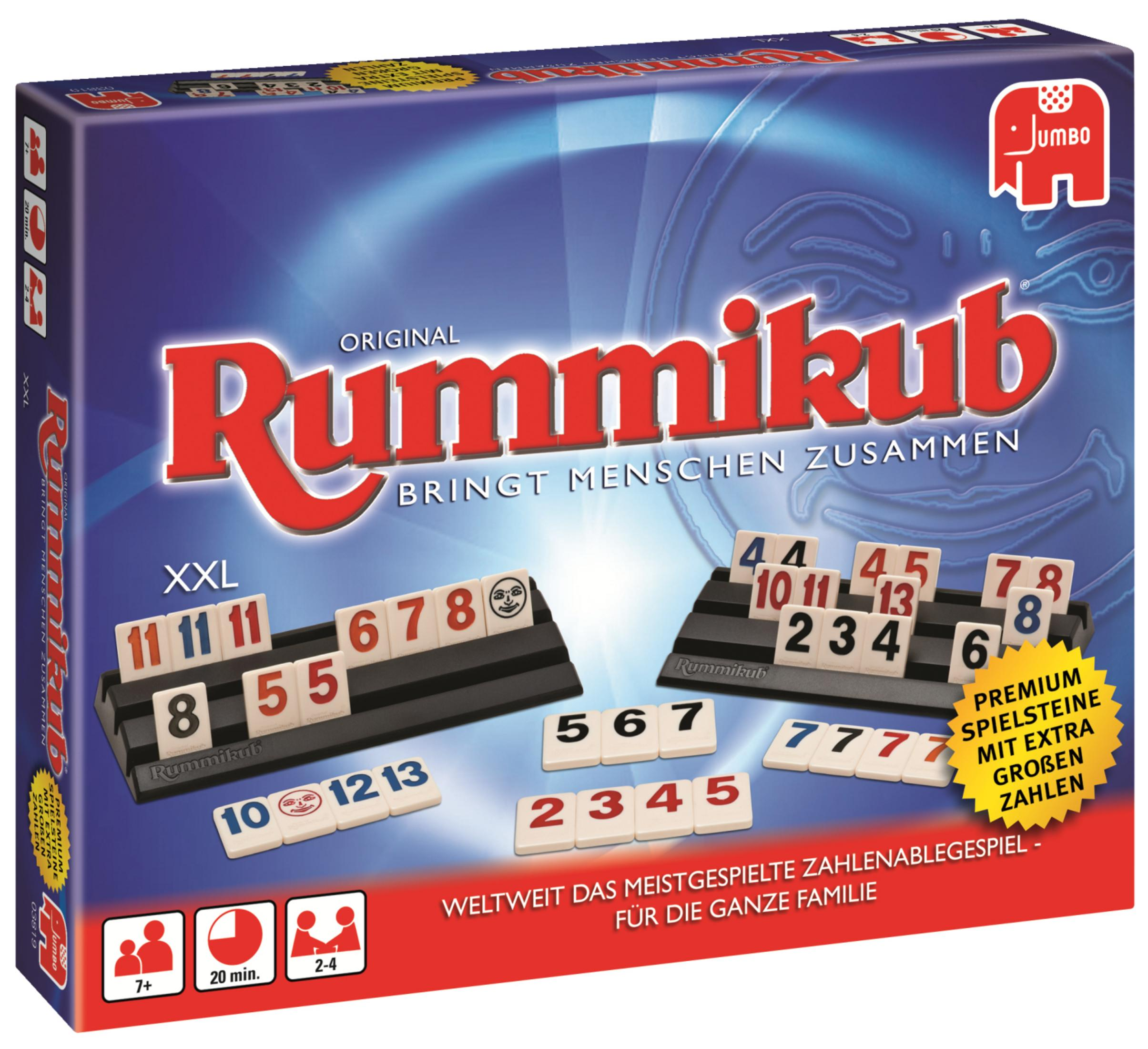 Eine Rummikub-Spielbox. Die Box enthält den Spielnamen, Spielsteine und Spielaufbau-Bilder.