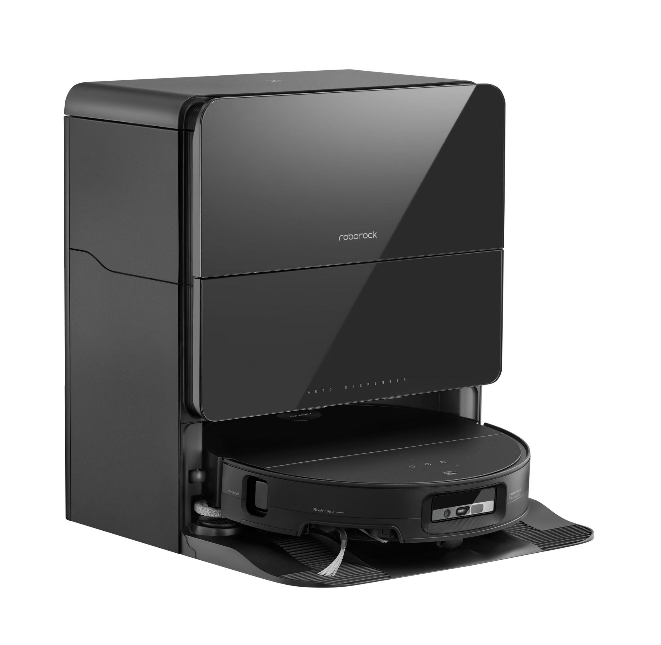 Czarny robot odkurzający z czarną stacją ładującą. Odkurzacz ma okrągły kształt.