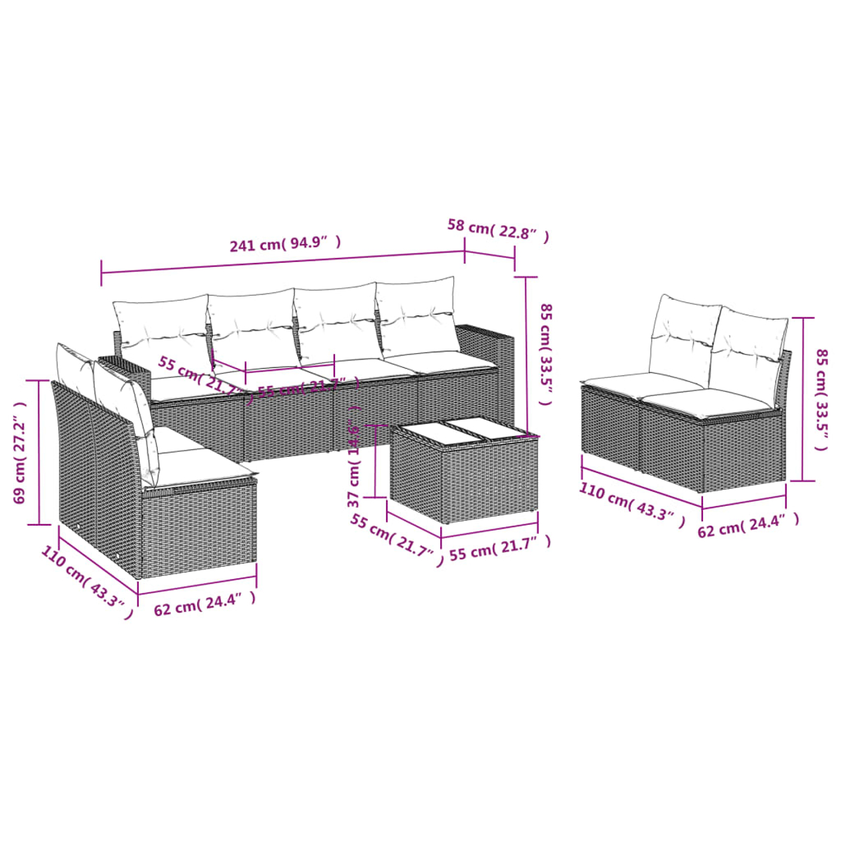 Ein Ecksofa für den Außenbereich mit Abmessungen. Weißer Hintergrund.