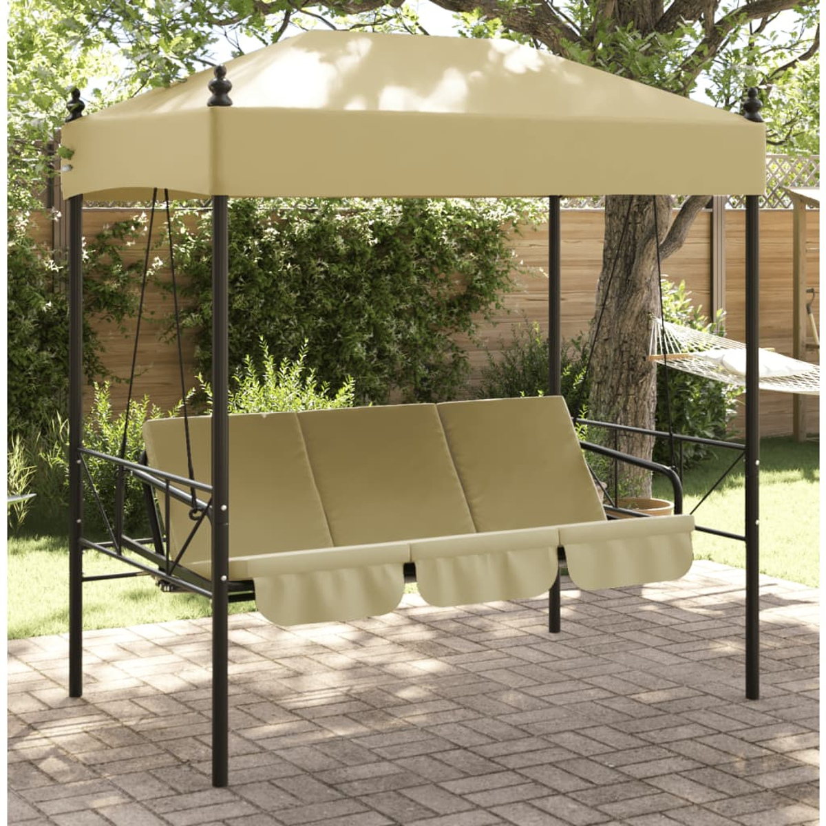 Beiger Baldachin-Schaukelstuhl in einem Garten, mit einem neutralfarbenen Baldachin und schwarzem Rahmen.