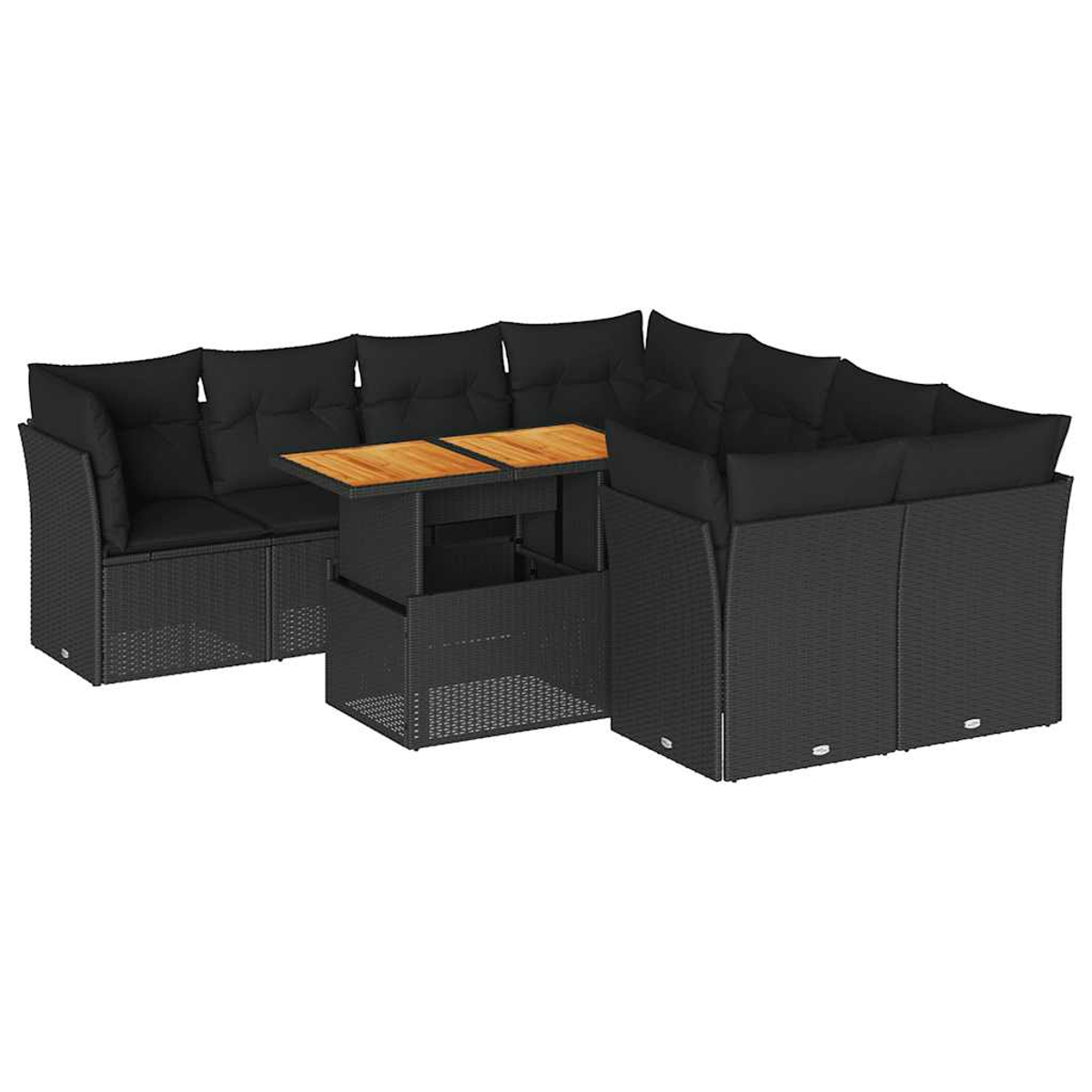 Set di mobili da esterno in rattan nero con tavolo e vari pezzi, dimensioni non chiare.