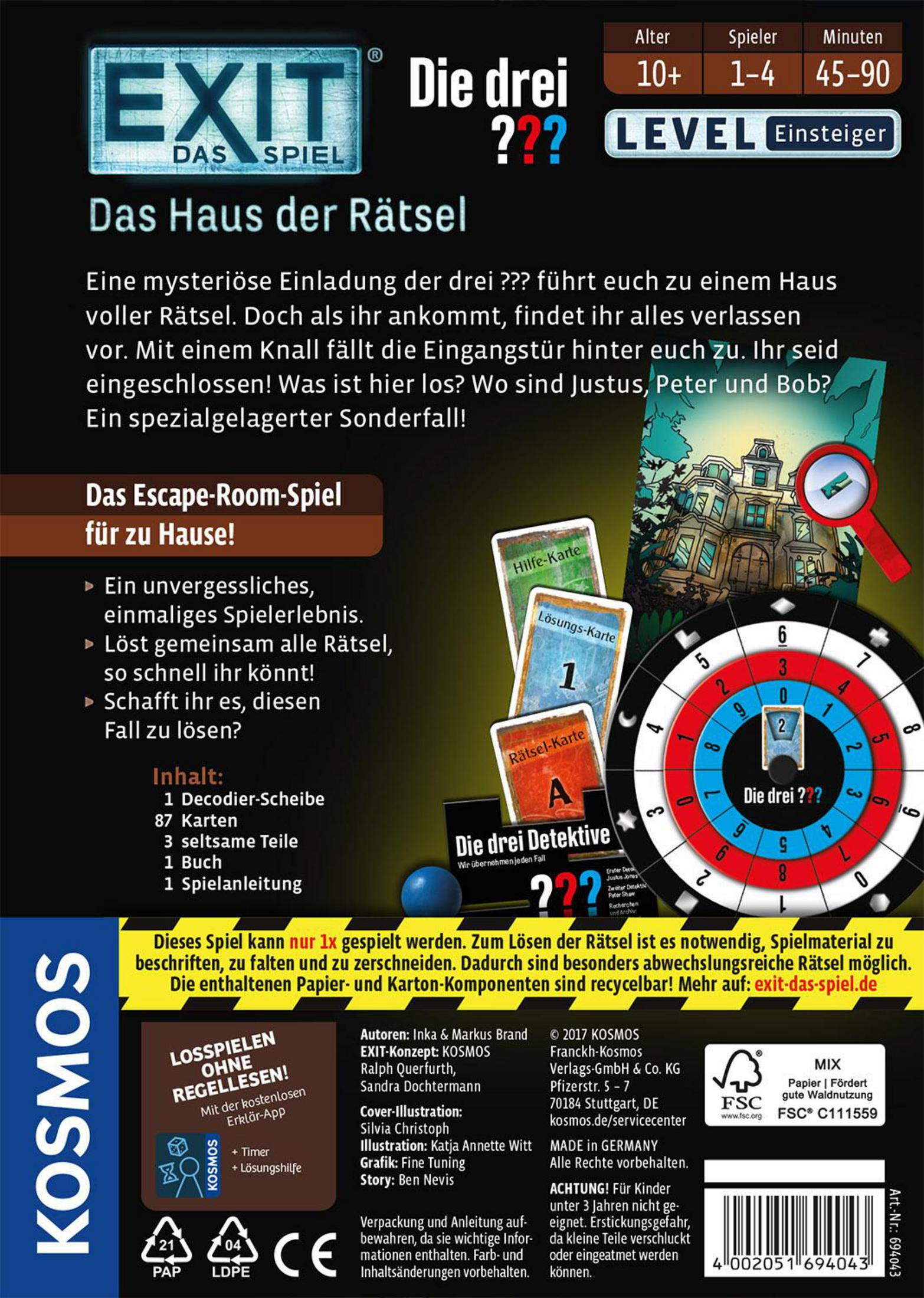 Die Rückseite einer EXIT-Spielbox mit dem Titel 'Die drei ???', die Spielkomponenten und Informationen zeigt.