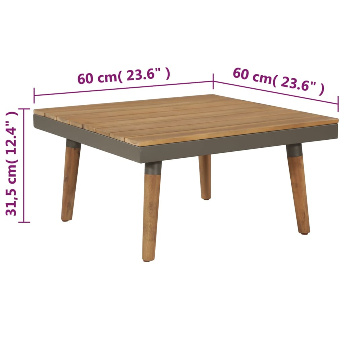 Quadratischer Holztisch mit Metallrahmen. Abmessungen in Zentimetern beschriftet.