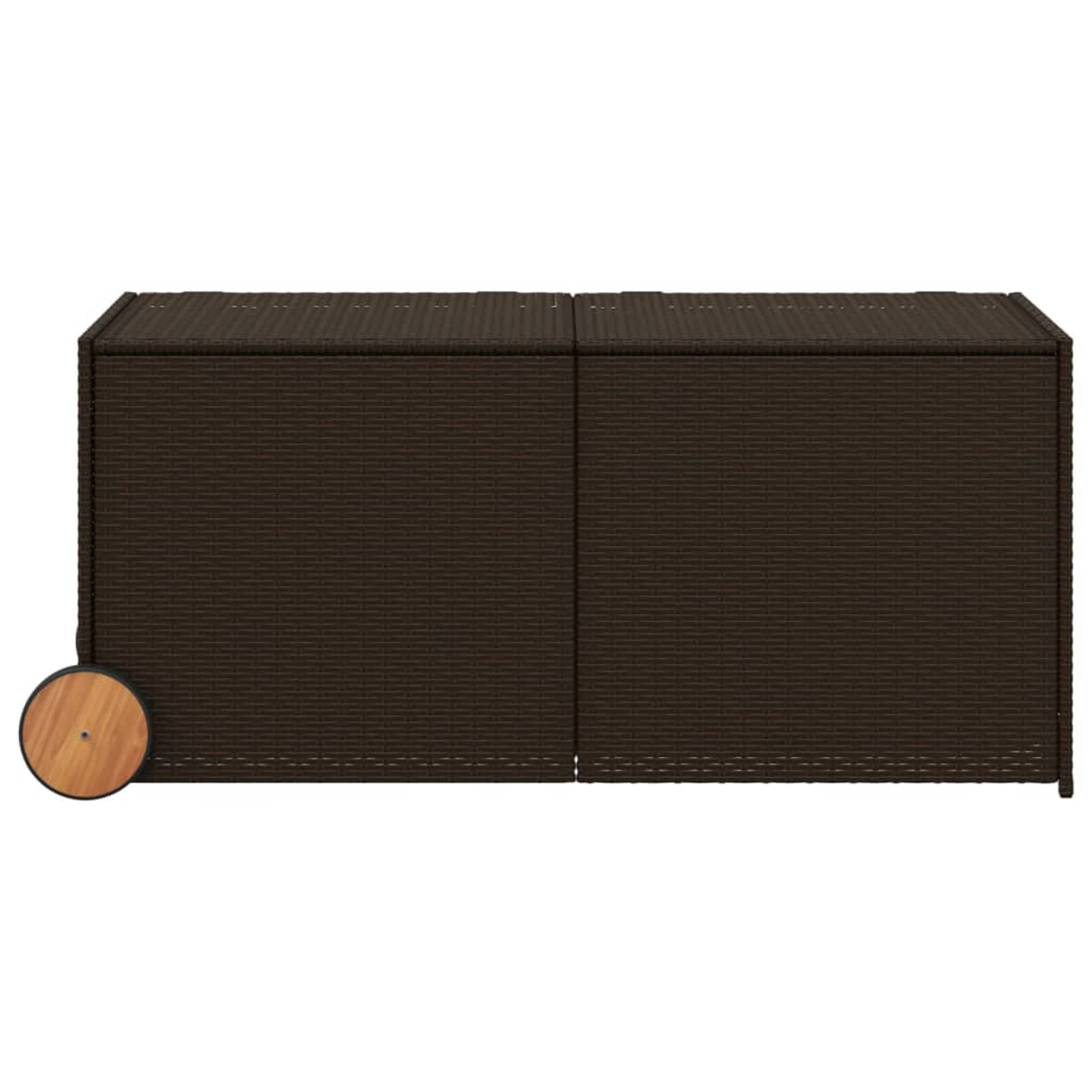 Brauner Outdoor-Aufbewahrungsschrank aus Korbgeflecht mit einem Holzrad auf einer Seite.