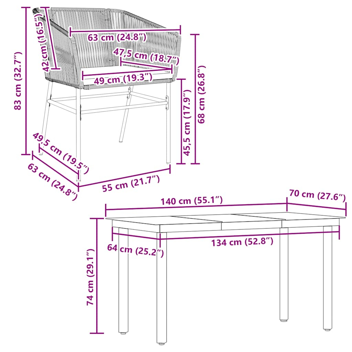 Schema di un set di sedie e tavoli con dimensioni. La sedia ha uno schienale intrecciato.