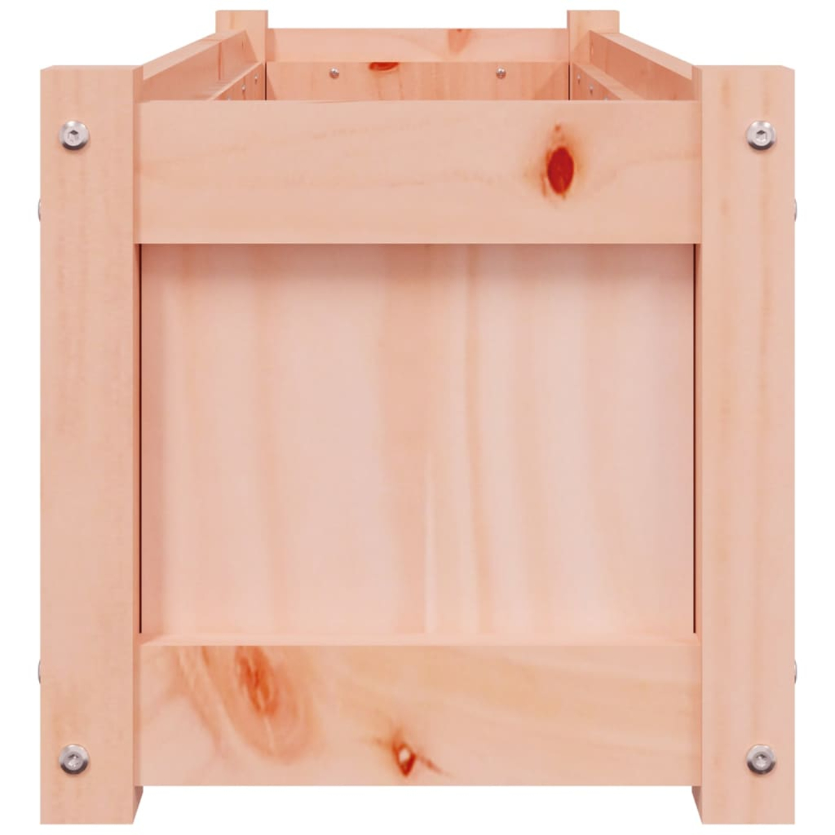 Holzkiste, vier Seiten sichtbar mit Metallbolzen.