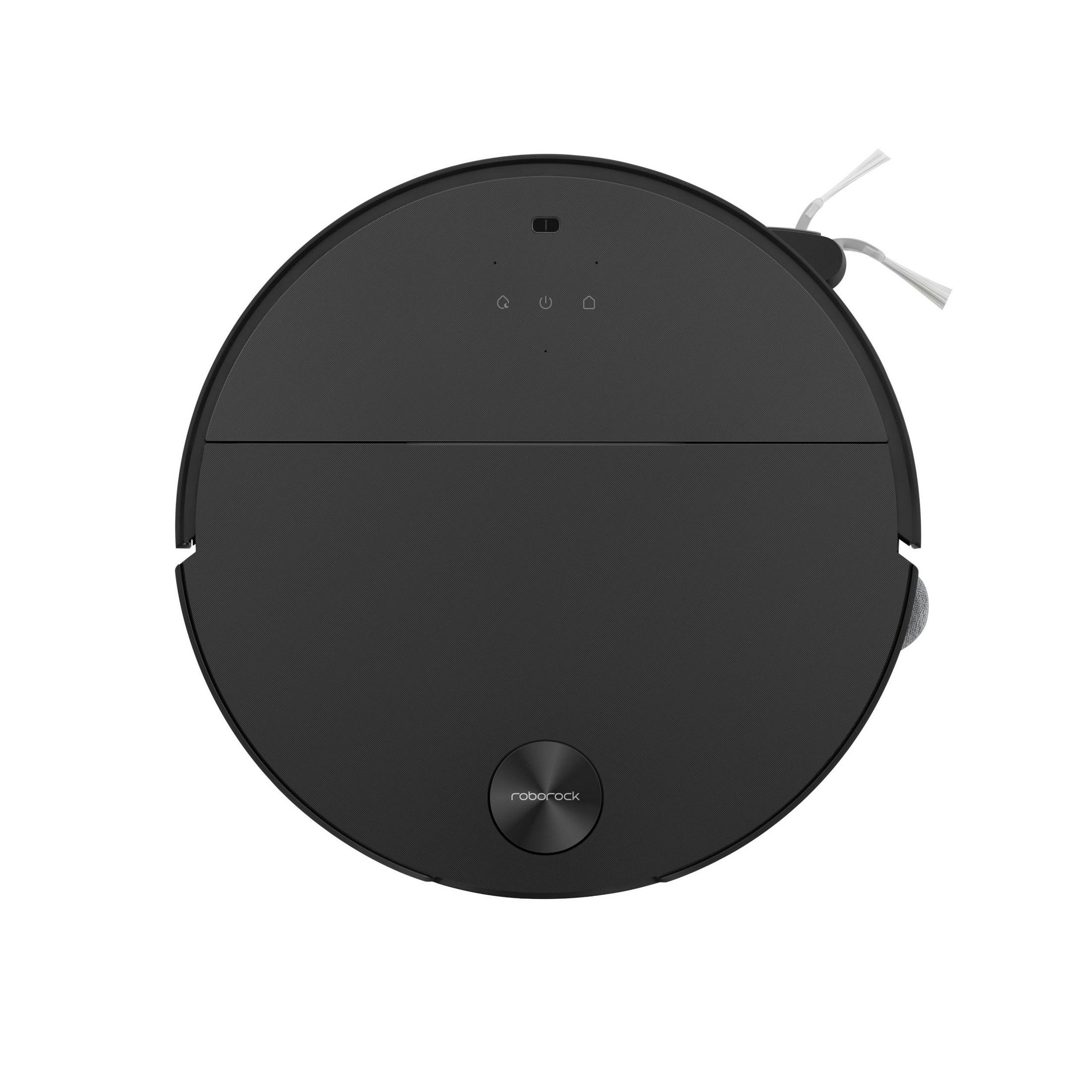 Zwarte robotstofzuiger, rond, met knoppen en logo. Bovenaanzicht.