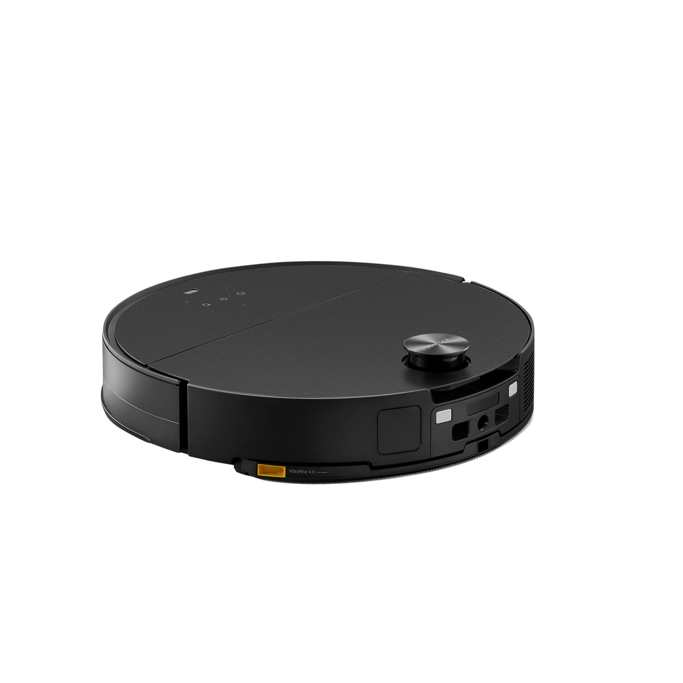 Zwarte robotstofzuiger, cirkelvormig met een knop aan de bovenkant en een zijpaneel.